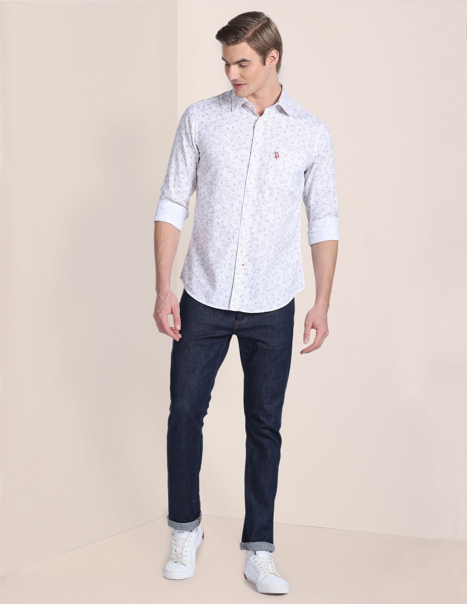 Floral Print Dobby Shirt White and Red - U.S. POLO ASSN. | Large