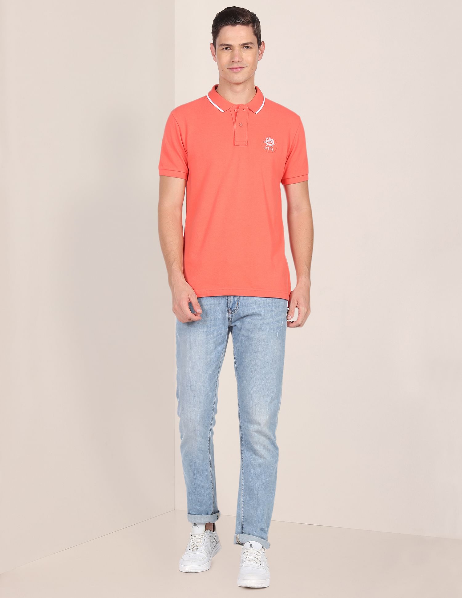 Tipped Collar Solid Polo Shirt Peach - U.S. Polo Assn. India | Large