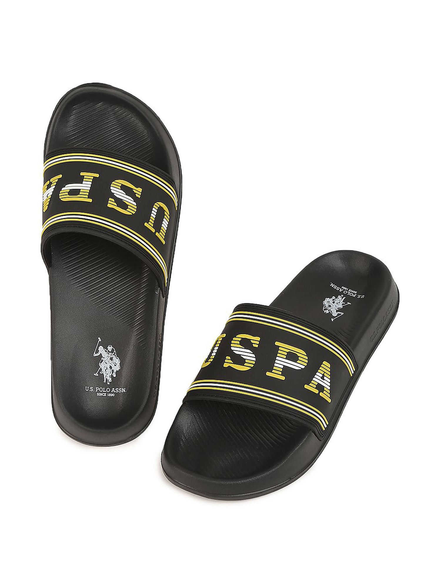 Men Embossed Logo Non-Skid Lightweight Nordin Slides Black - U.S. Polo Assn. India | Large