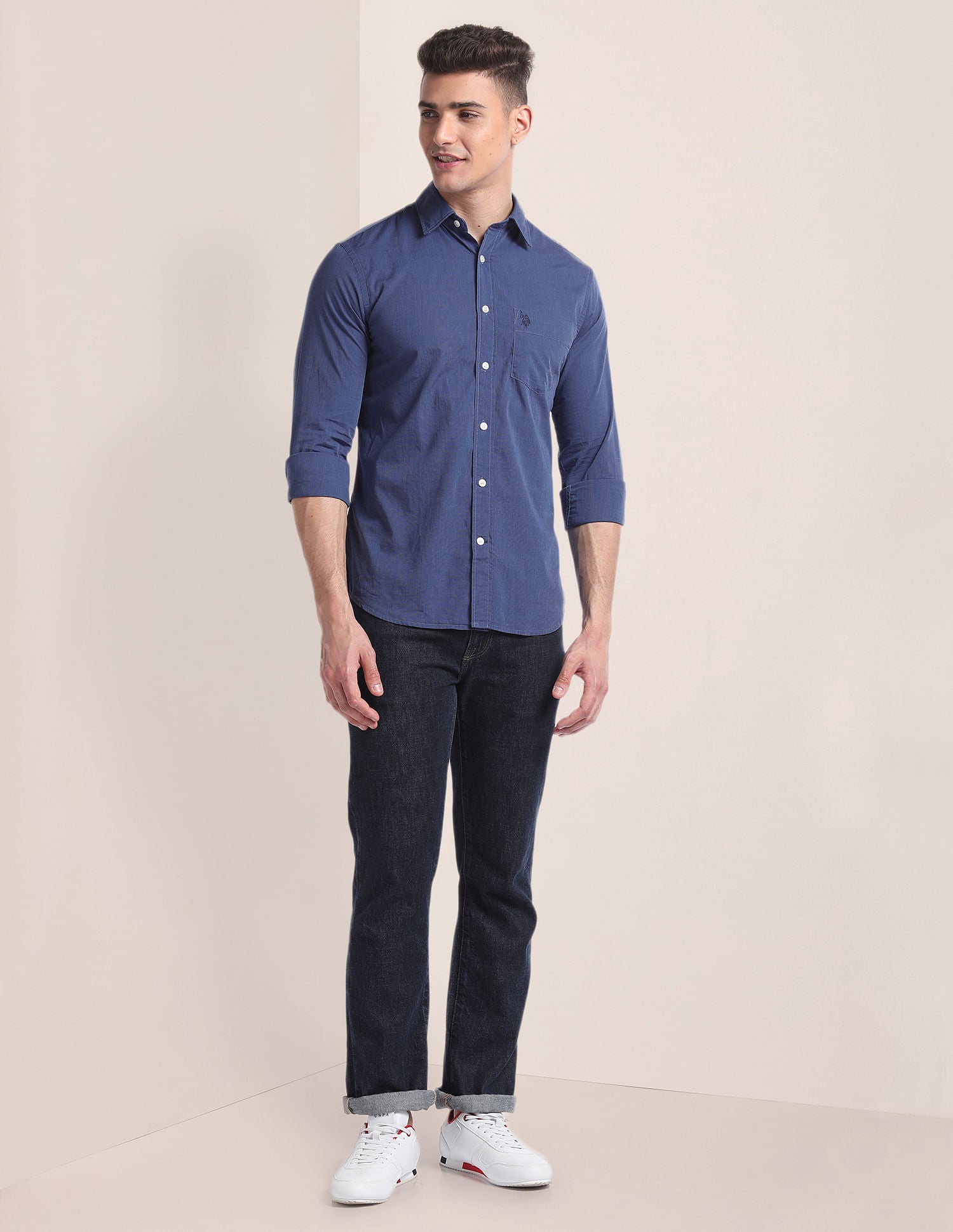 Premium Cotton Patterned Shirt Navy - U.S. Polo Assn. India | Large