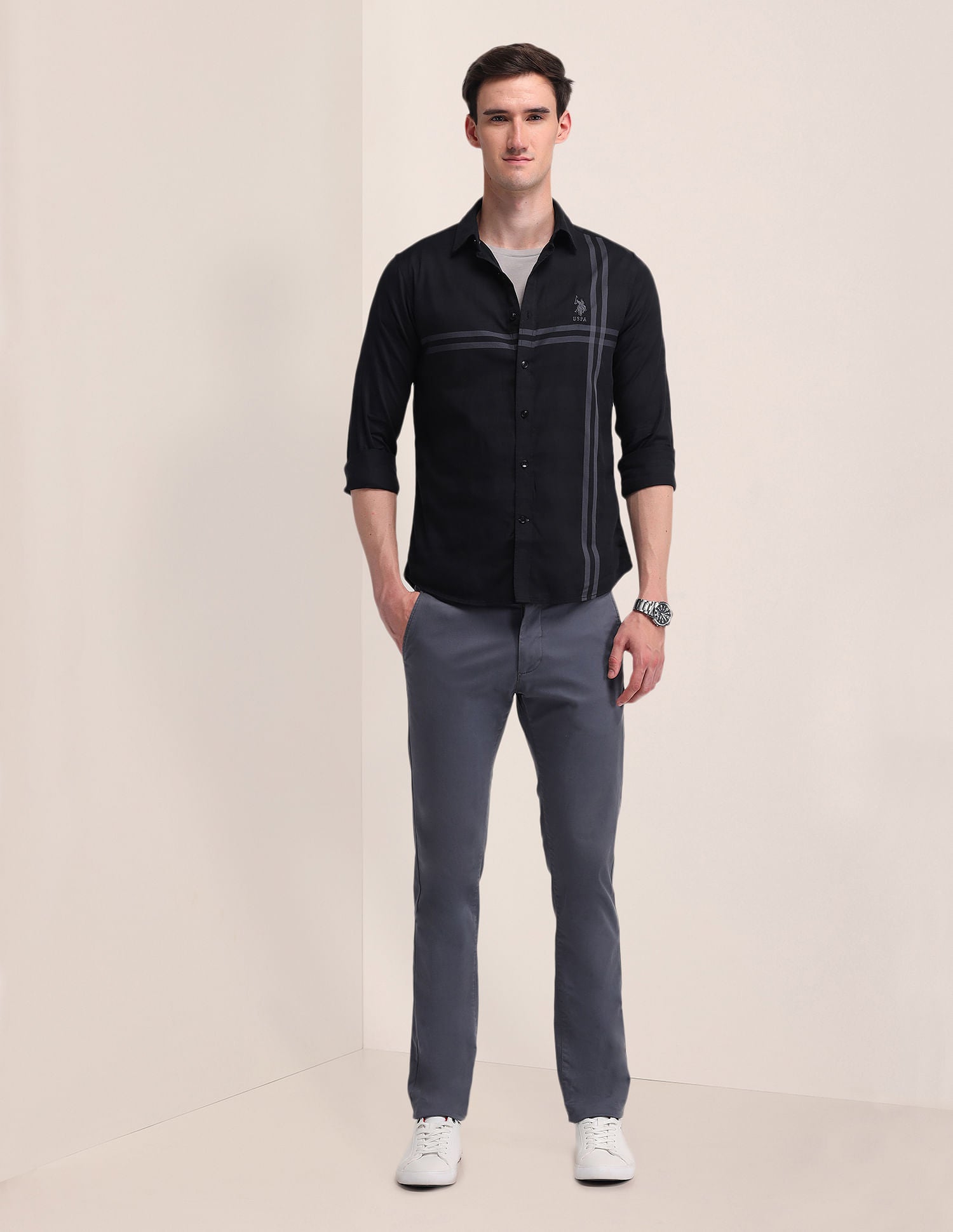 Horizontal Striped Dobby Weave Shirt Black - U.S. Polo Assn. India | Large