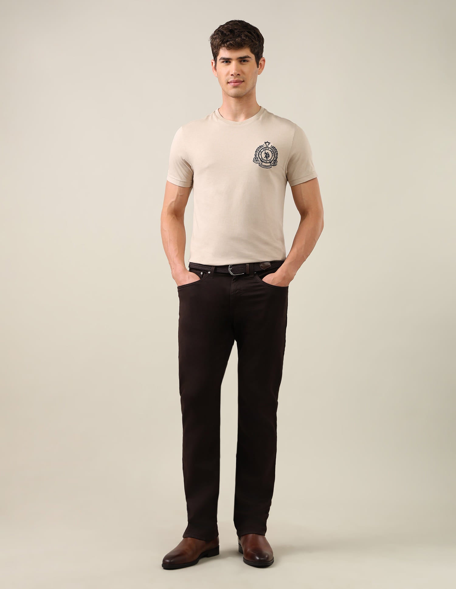 Solid Regular Fit T-Shirt Beige - U.S. Polo Assn. India | Large