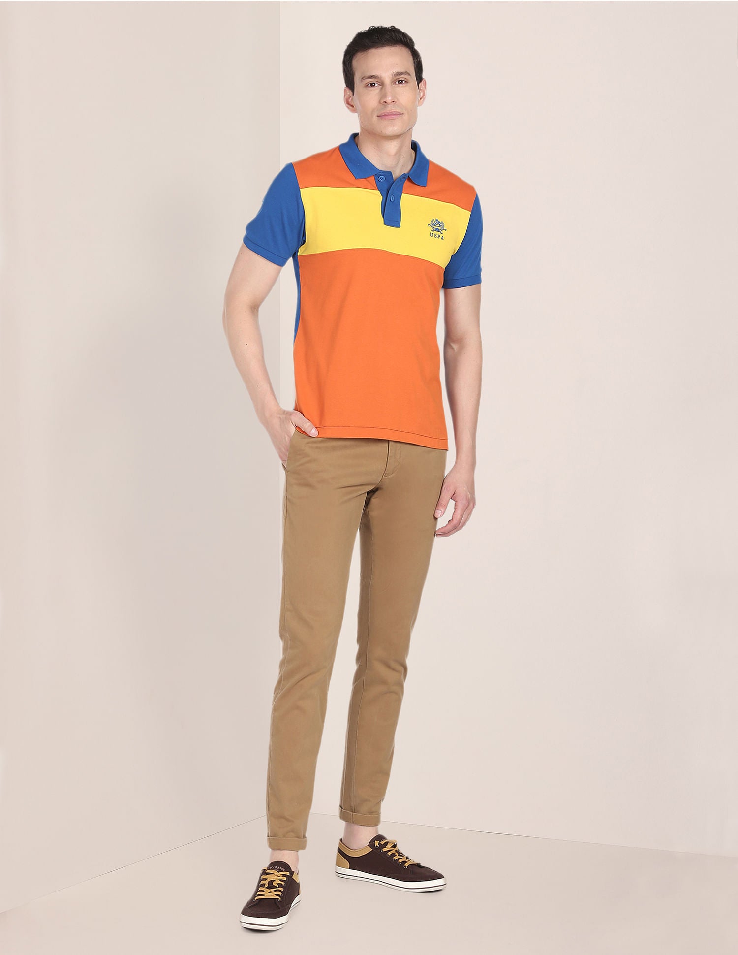 Colour Block Cotton Polo Shirt Orange and Blue - U.S. Polo Assn. India | Large