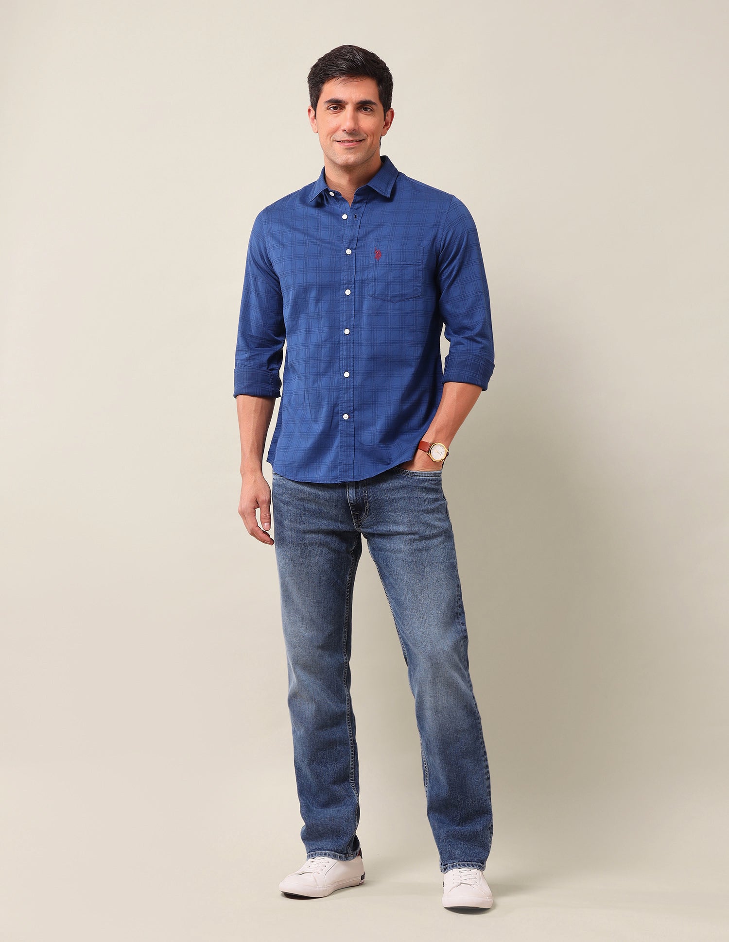 Tailored Fit Windowpane Checked Shirt Blue - U.S. Polo Assn. India | Large