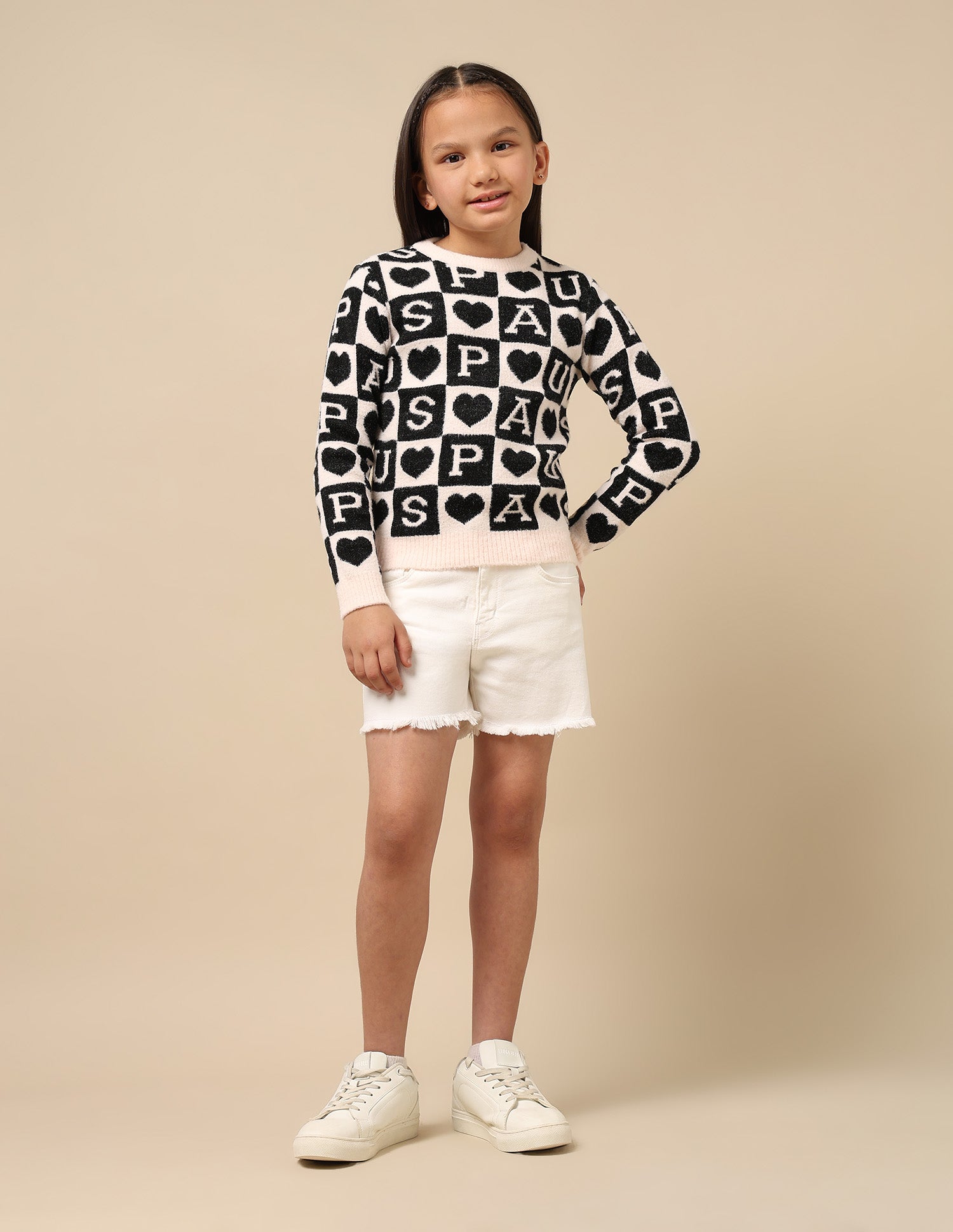 Girls Patterned Knit Sweatshirt Pink and Black - U.S. POLO ASSN. | Large