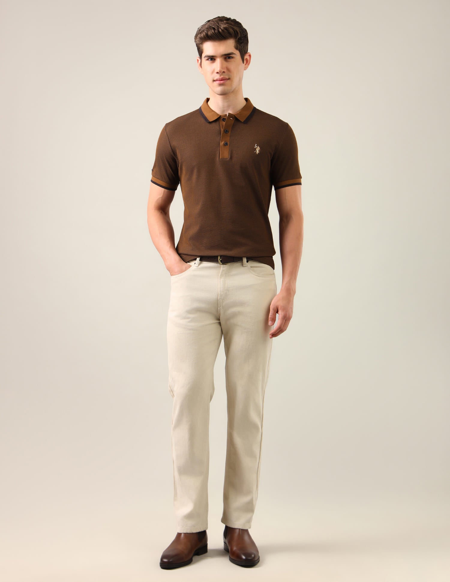 Textured Slim Fit Polo Shirt Brown - U.S. Polo Assn. India | Large