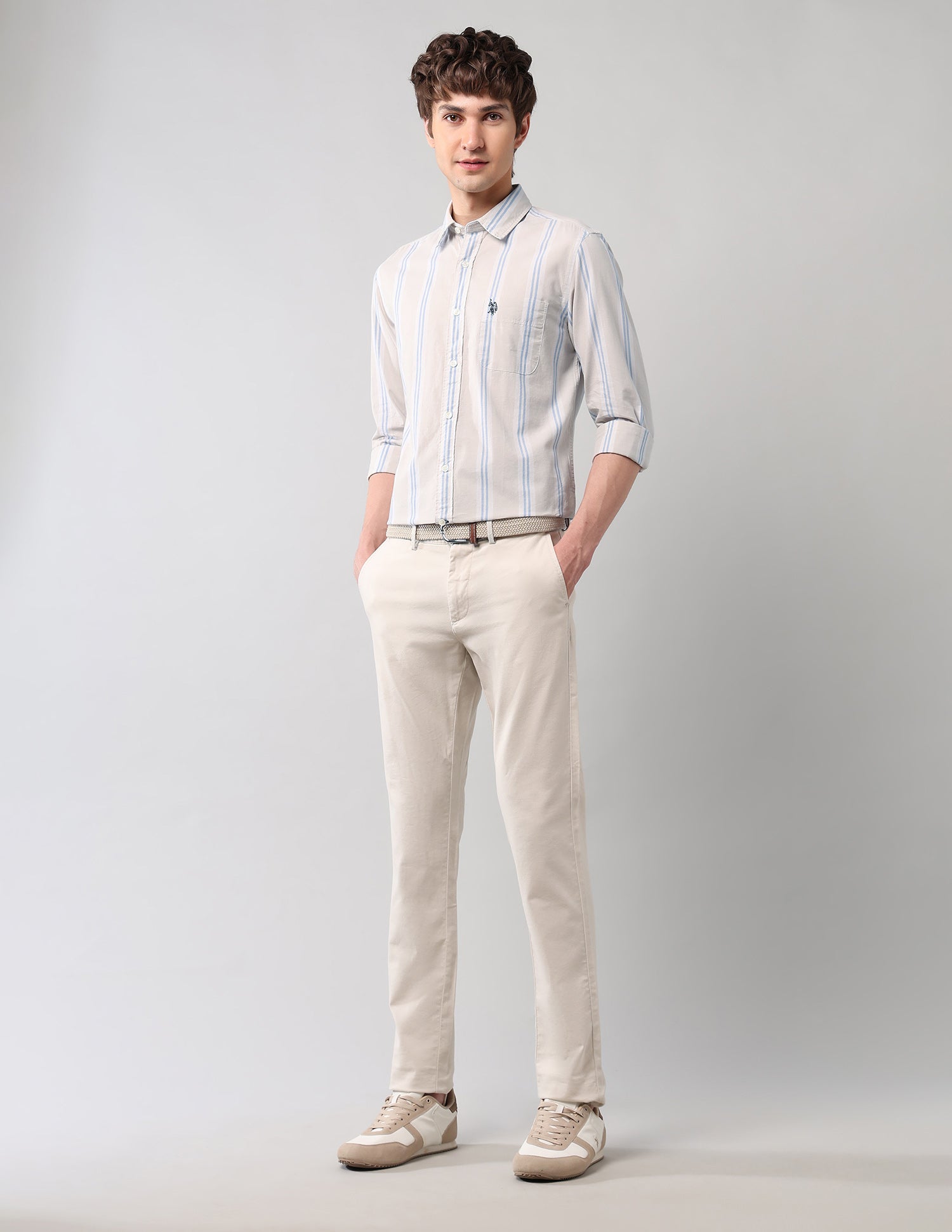 Vertical Striped Regular Fit Shirt Light Khaki - U.S. Polo Assn. India | Large