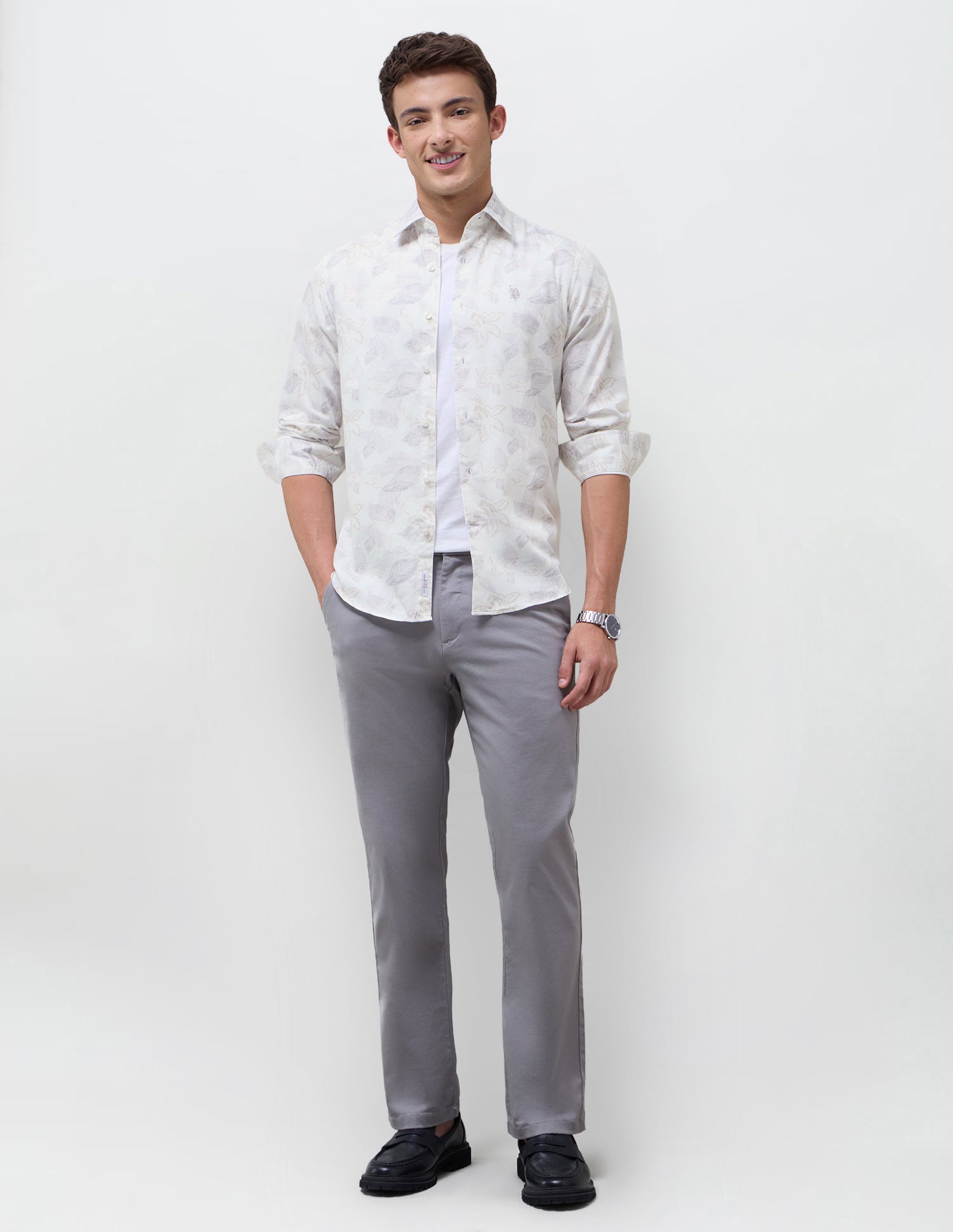 Satin Floral Printed Shirt Light Grey - U.S. Polo Assn. India | Large