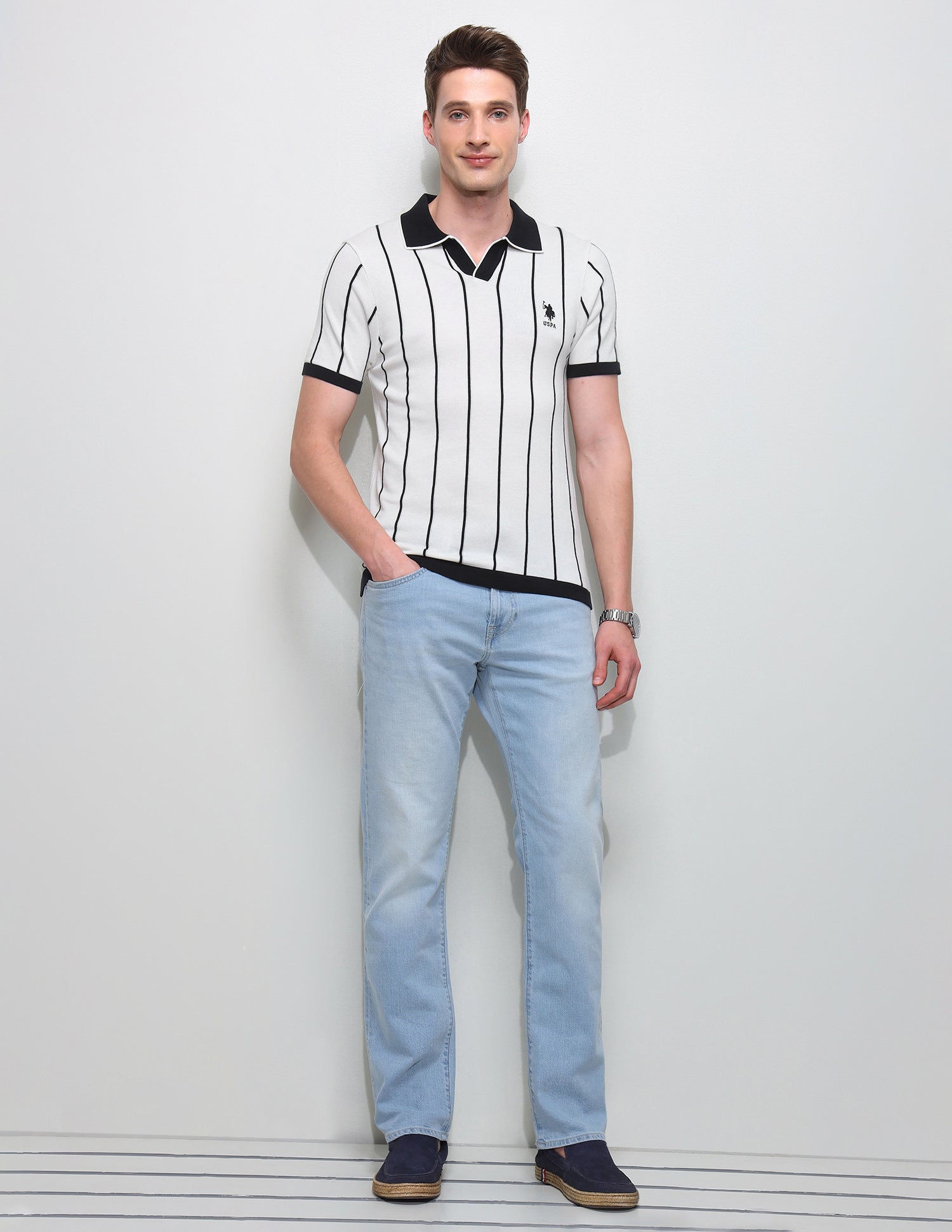 Vertical Striped Slim Fit Polo Shirt Off White - U.S. Polo Assn. India | Large