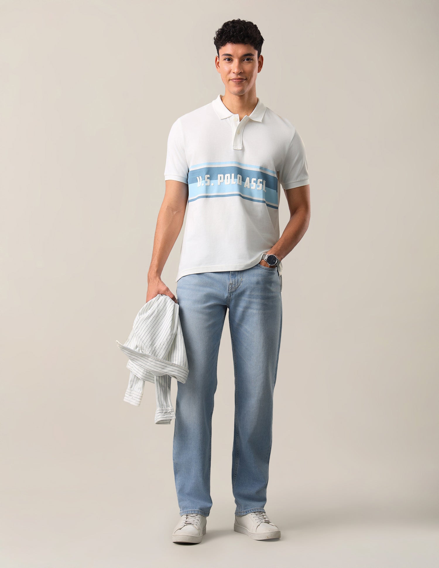Colourblocked With Brand Printed Slim Fit Polo Shirt Ivory - U.S. Polo Assn. India | Large