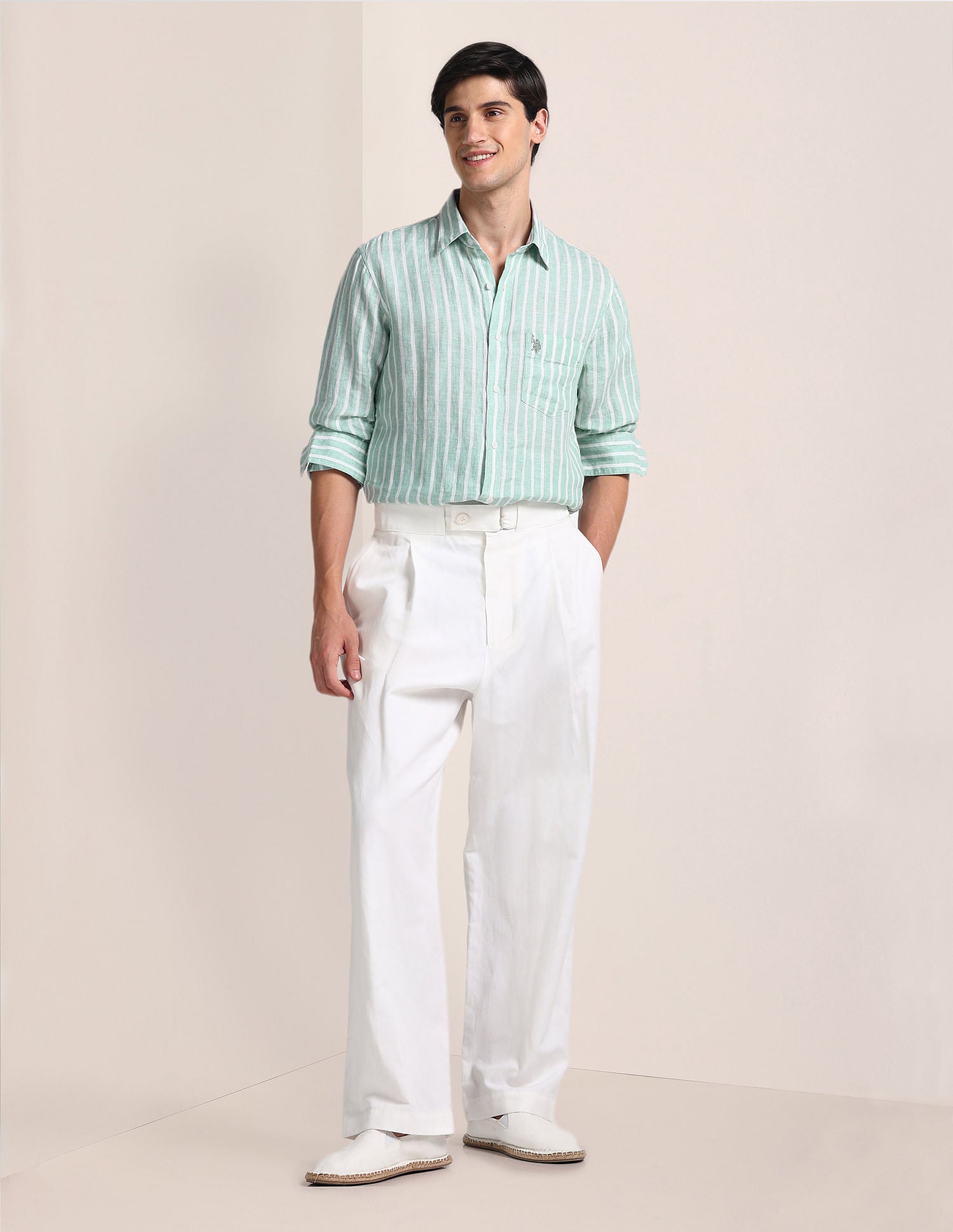 Vertical Stripe Linen Shirt Green - U.S. Polo Assn. India | Large
