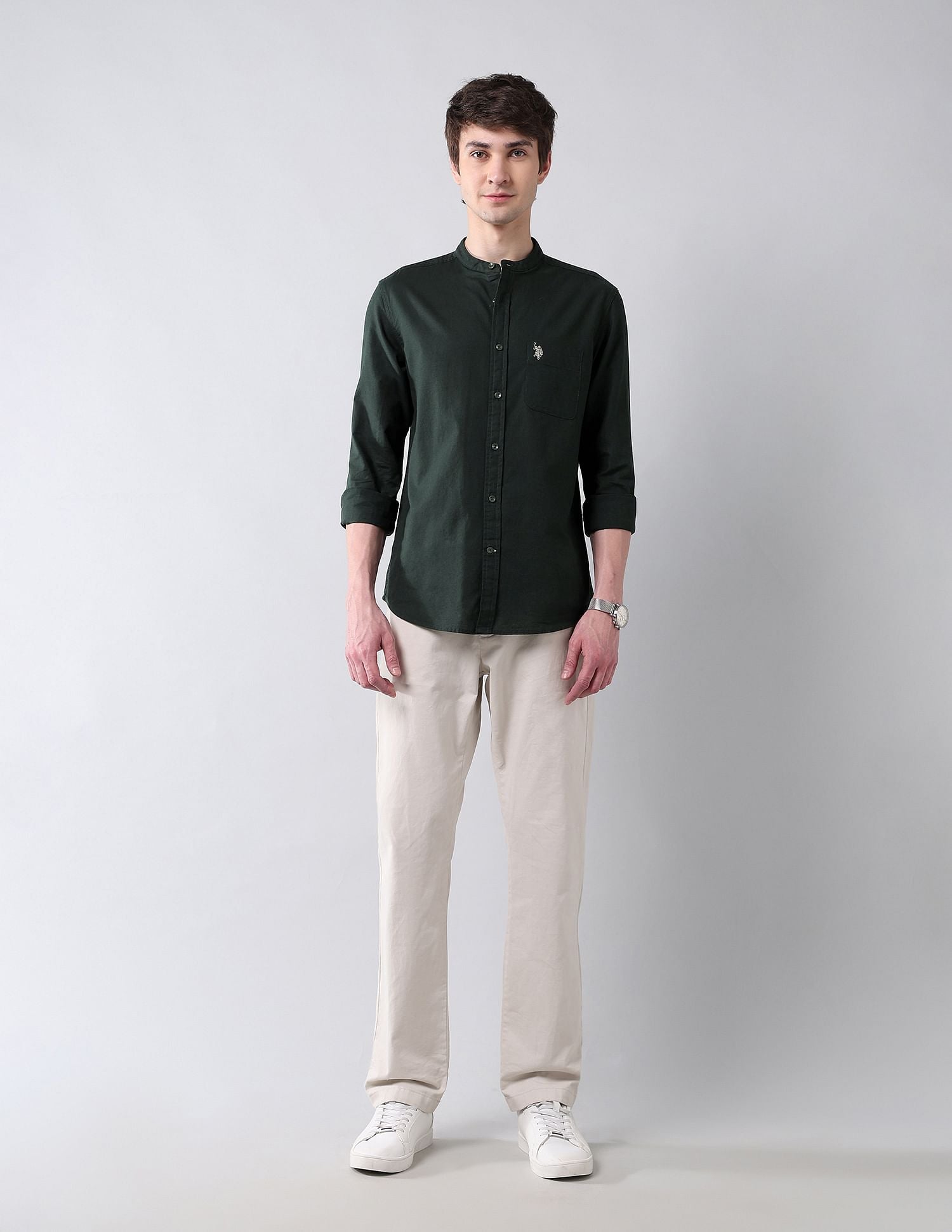 Solid Slub Mandarin Collar Shirt Dark Olive - U.S. Polo Assn. India | Large