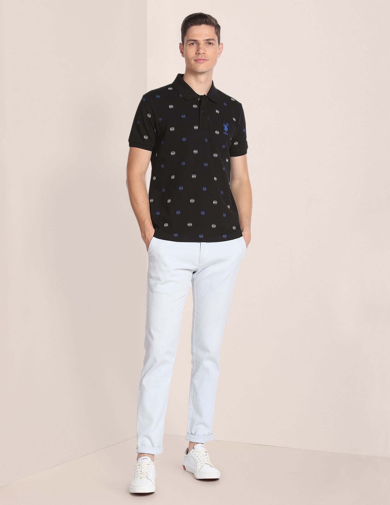 Cotton All Over Brand Print Polo Shirt Black - U.S. Polo Assn. India | Large