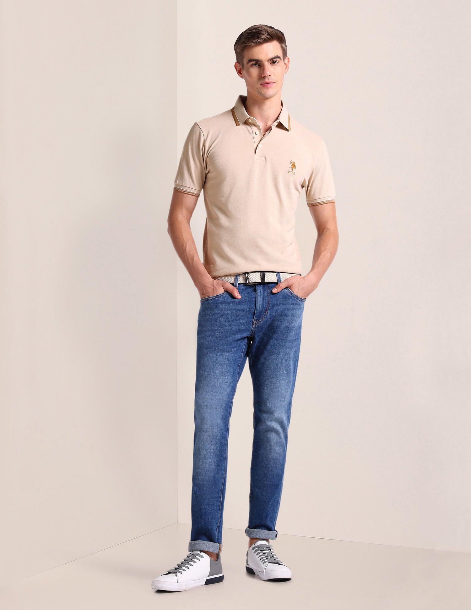 Solid Slim Fit Polo Shirt Beige - U.S. Polo Assn. India | Large