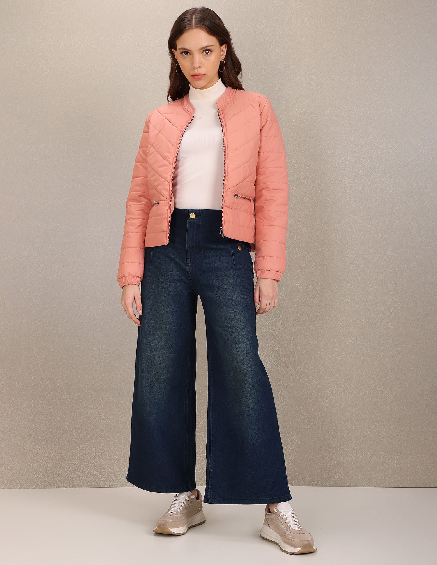 Stand Collar Solid Padded Crop Jacket Light Pink - U.S. POLO ASSN. | Large