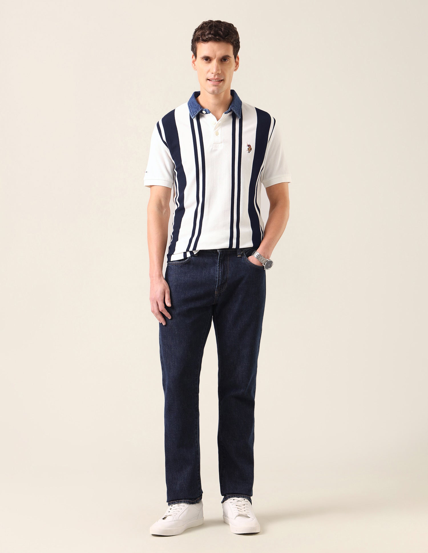 Vertical Striped Slim Fit Polo Shirt Ivory - U.S. Polo Assn. India | Large