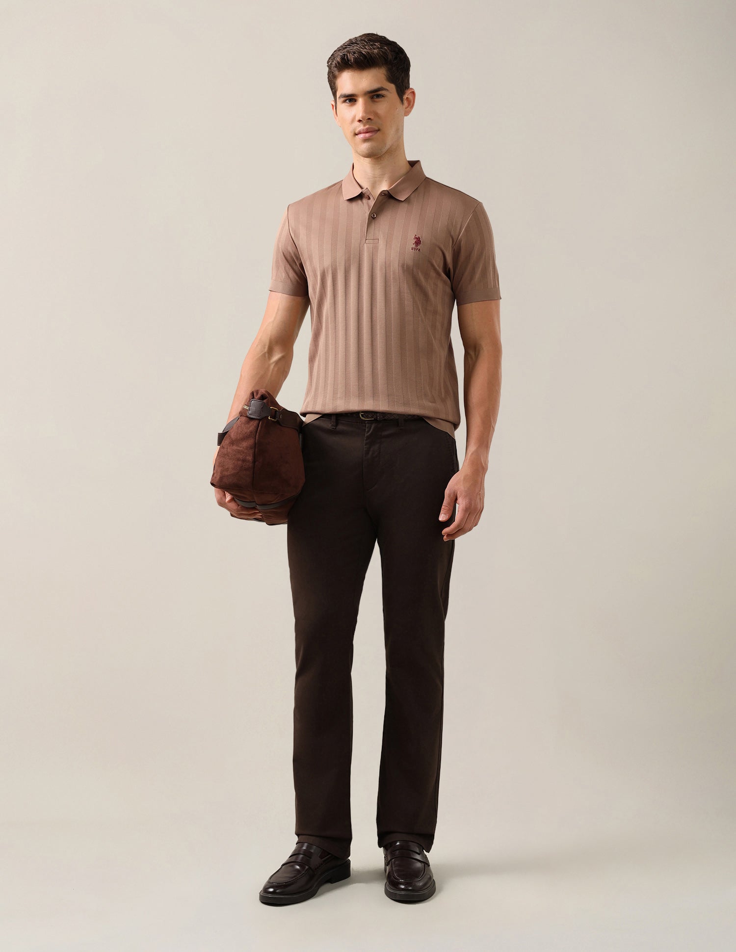 Self Design Vertical Striped Slim Fit Polo Shirt Light Brown - U.S. Polo Assn. India | Large