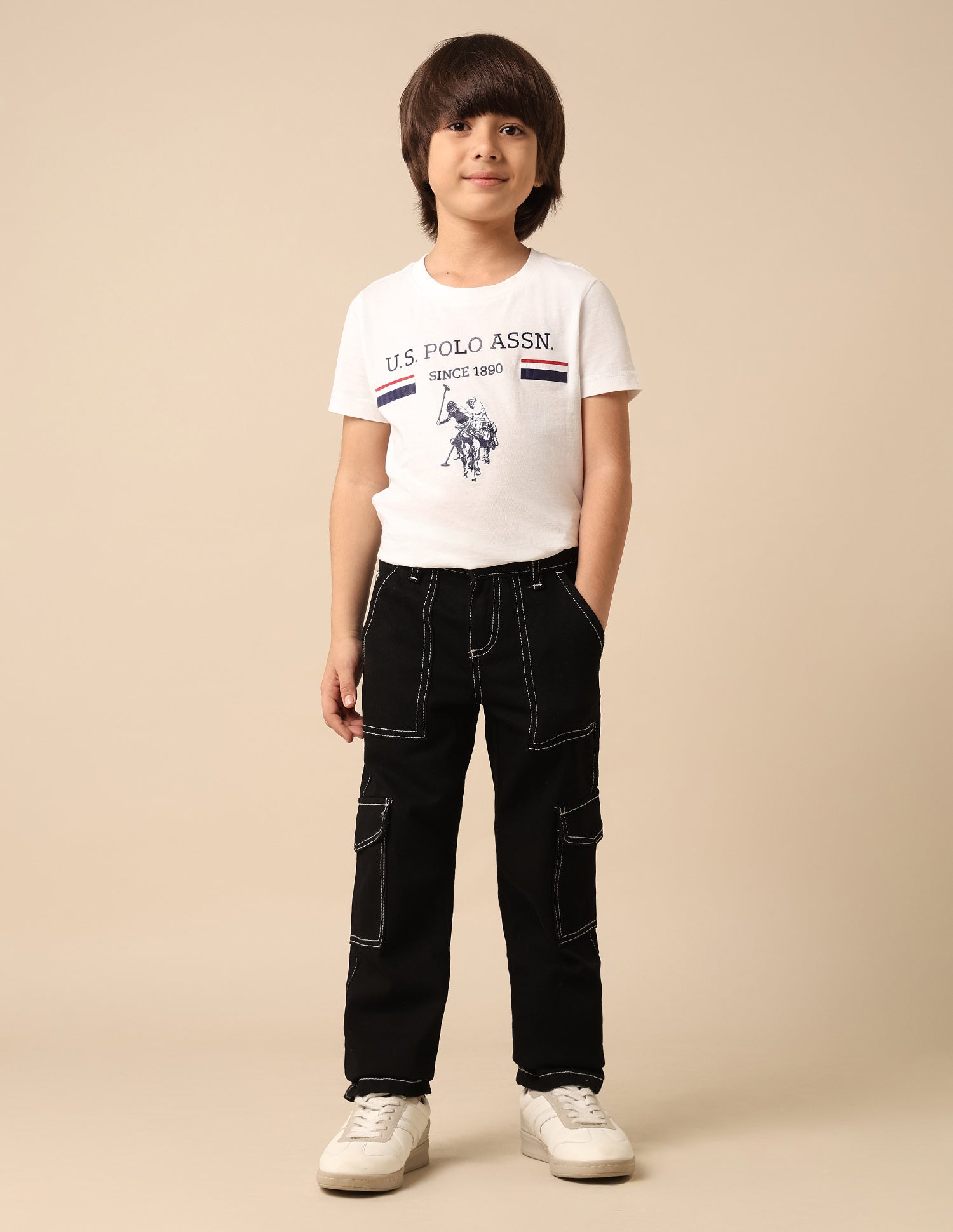 Boys Mid Rise Regular Fit Cargo Jeans Black - U.S. POLO ASSN. | Large