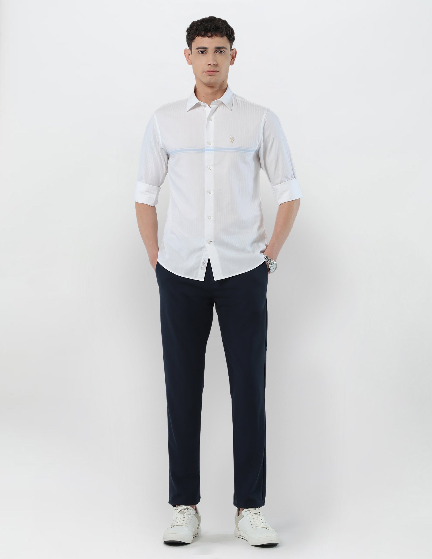 Self Design Vertical Striped Tailored Fit Shirt White - U.S. POLO ASSN. | Large