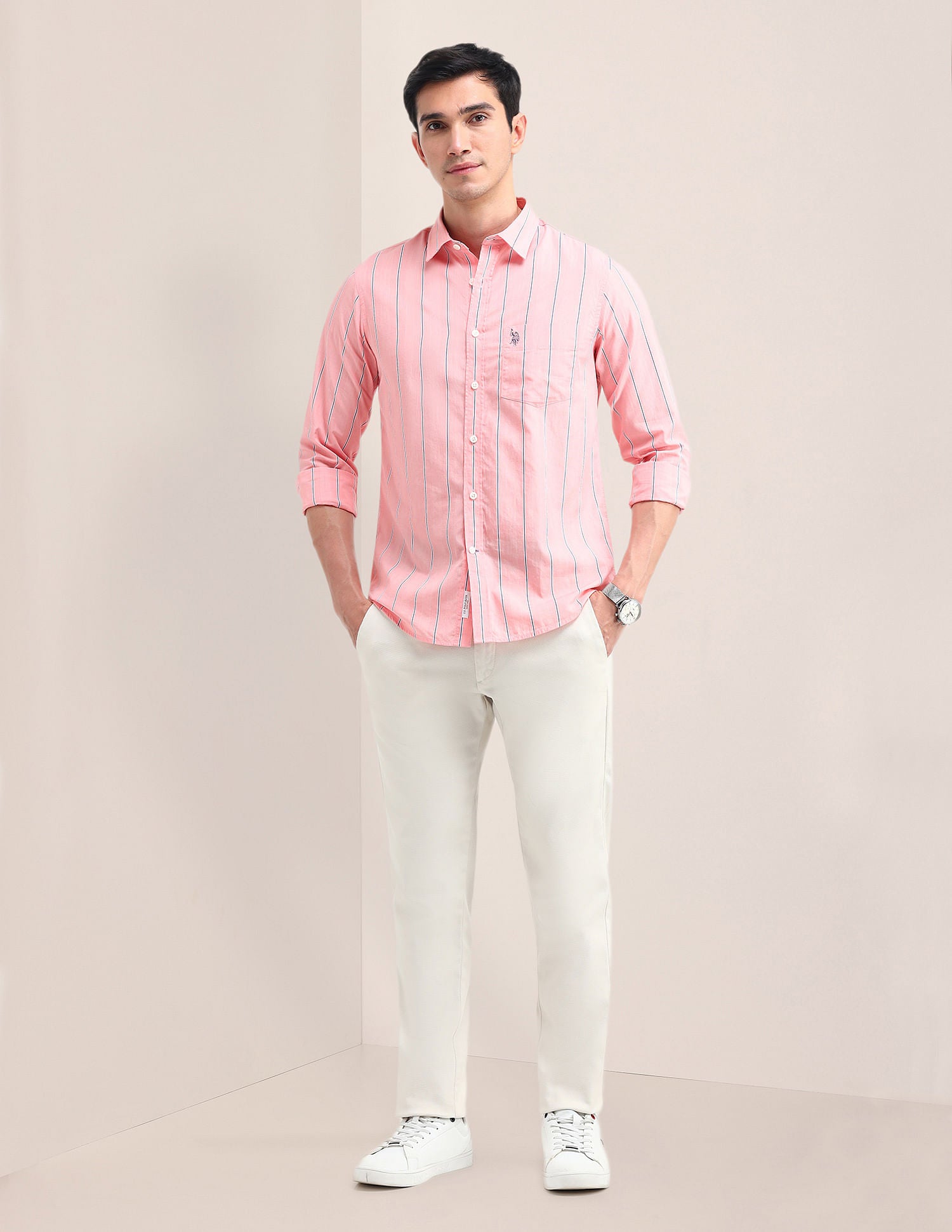 Tailored Fit Horizontal Striped Shirt Peach - U.S. Polo Assn. India | Large