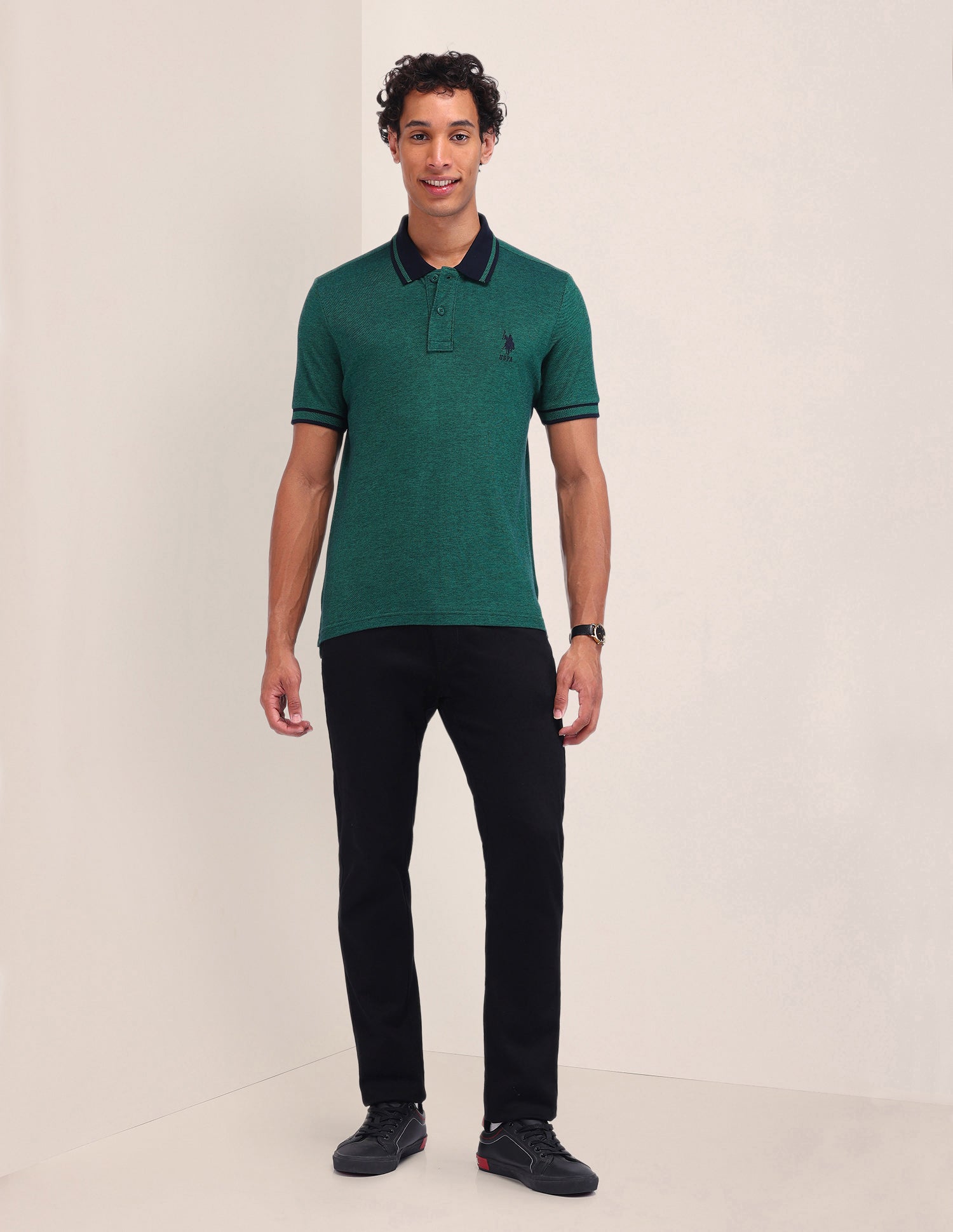 Textured Cotton Polo Shirt Dark Green - U.S. Polo Assn. India | Large