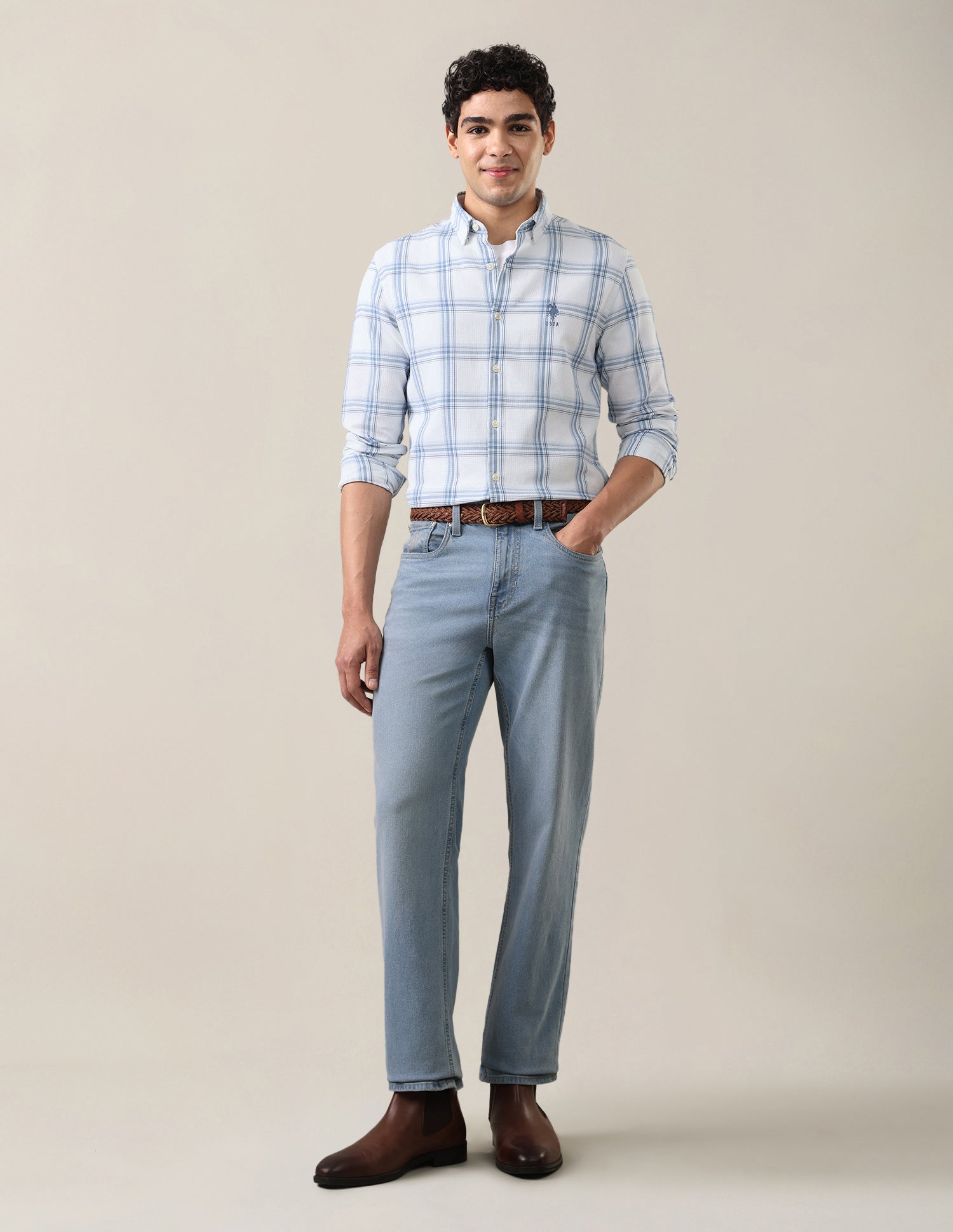 Windowpane Checked Regular Fit Shirt Light Indigo - U.S. Polo Assn. India | Large
