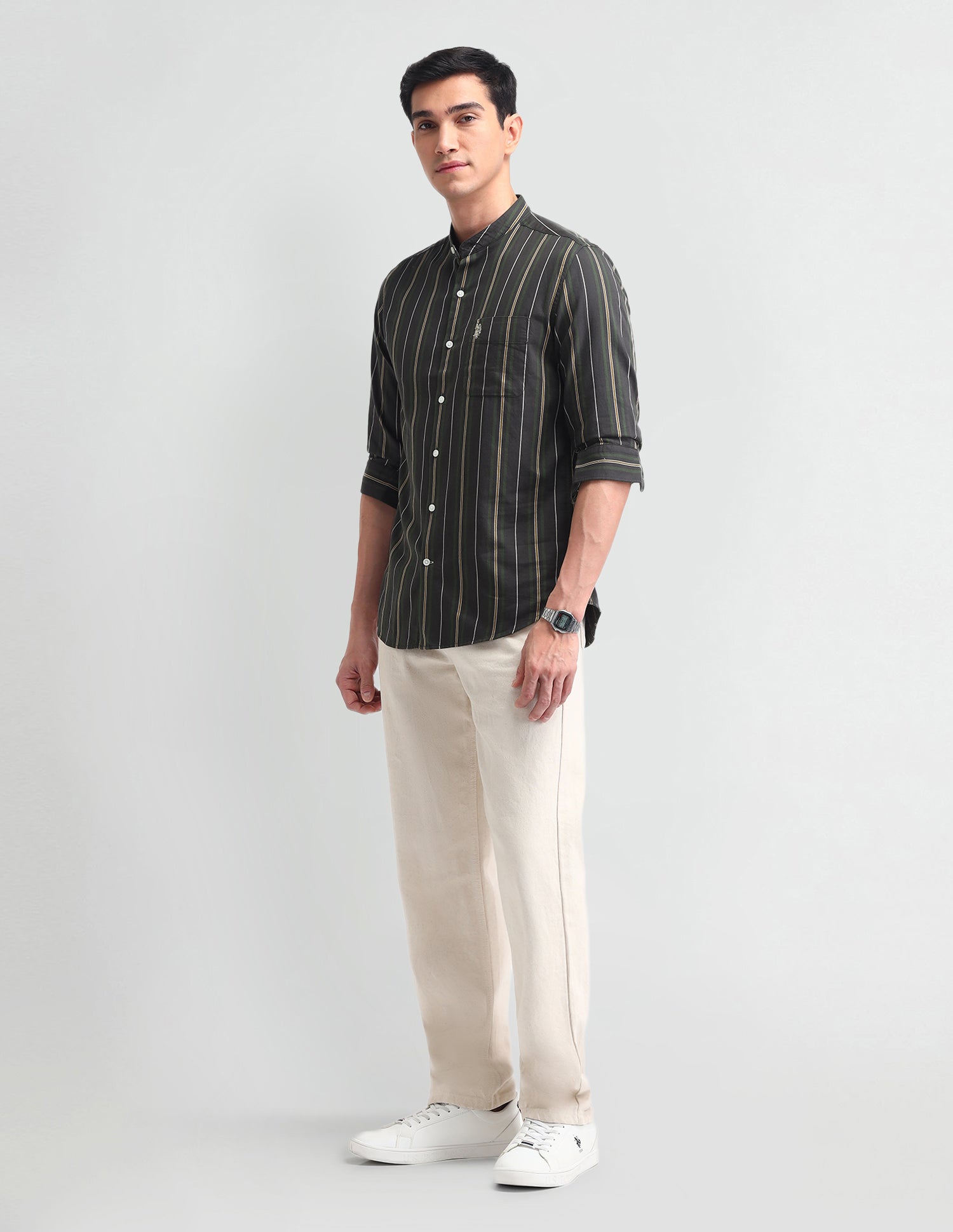 Vertical Striped Slim Fit Shirt Dark olive - U.S. POLO ASSN. | Large