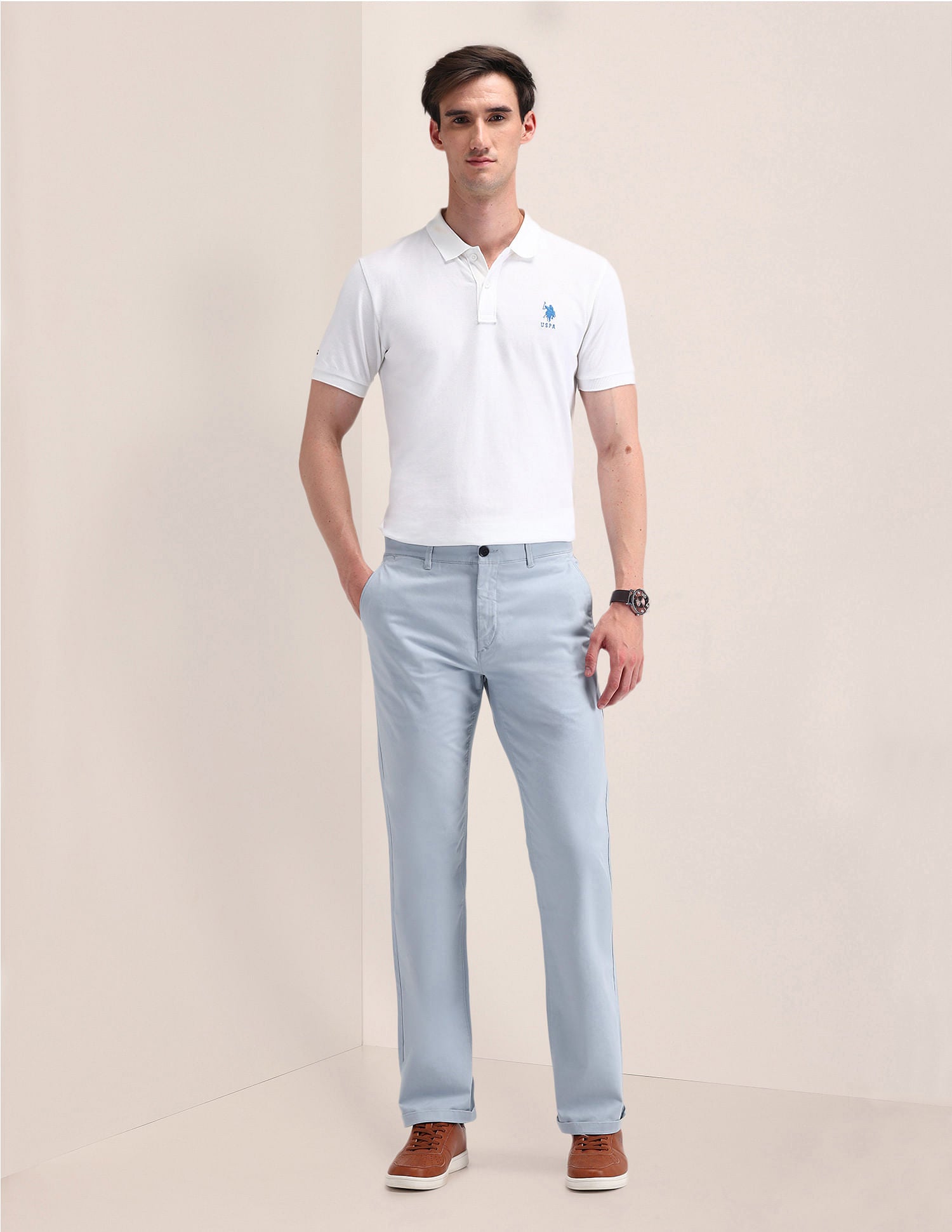 Riley Straight Fit Solid Trousers Light-Blue - U.S. Polo Assn. India | Large