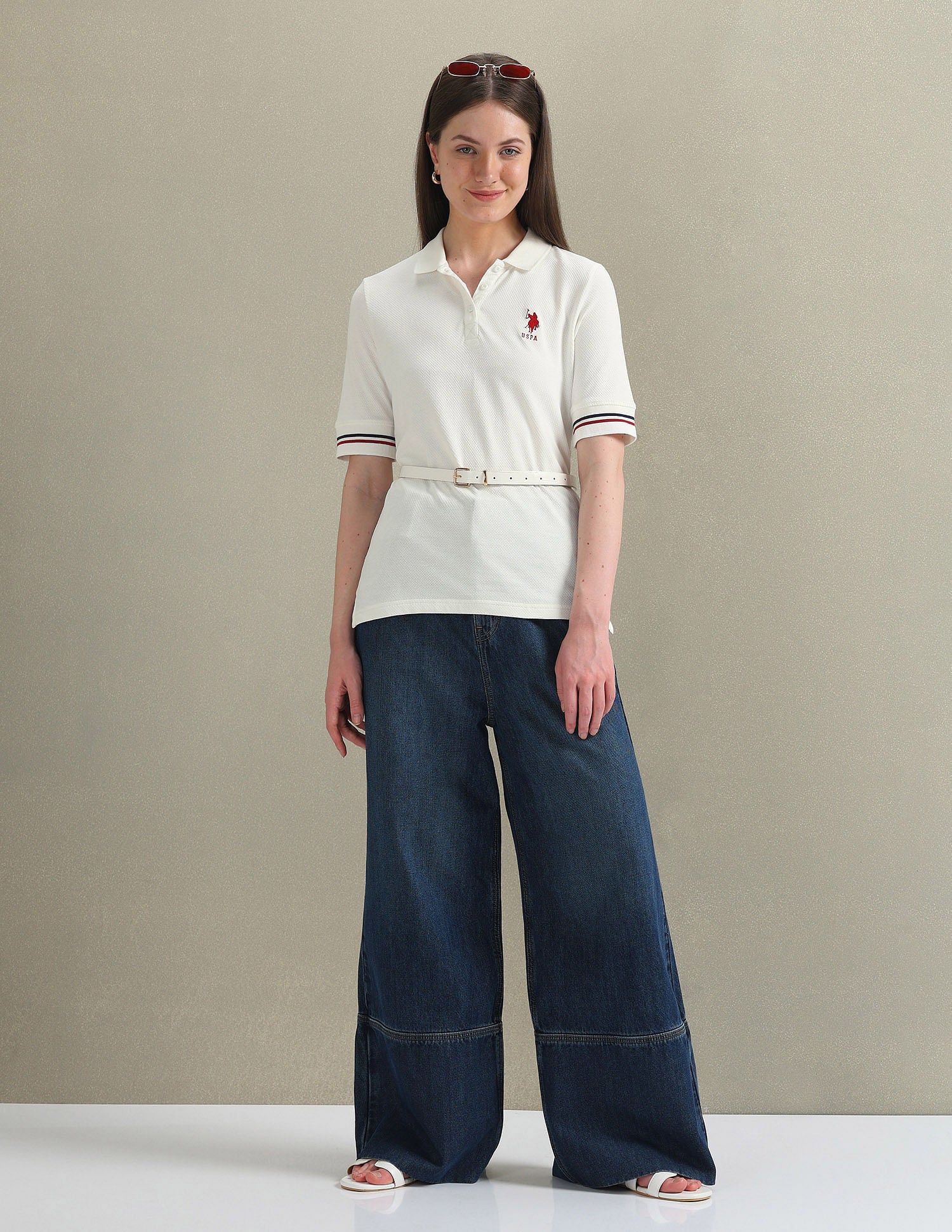 Striped Cuff Textured Polo Shirt White - U.S. POLO ASSN. | Large