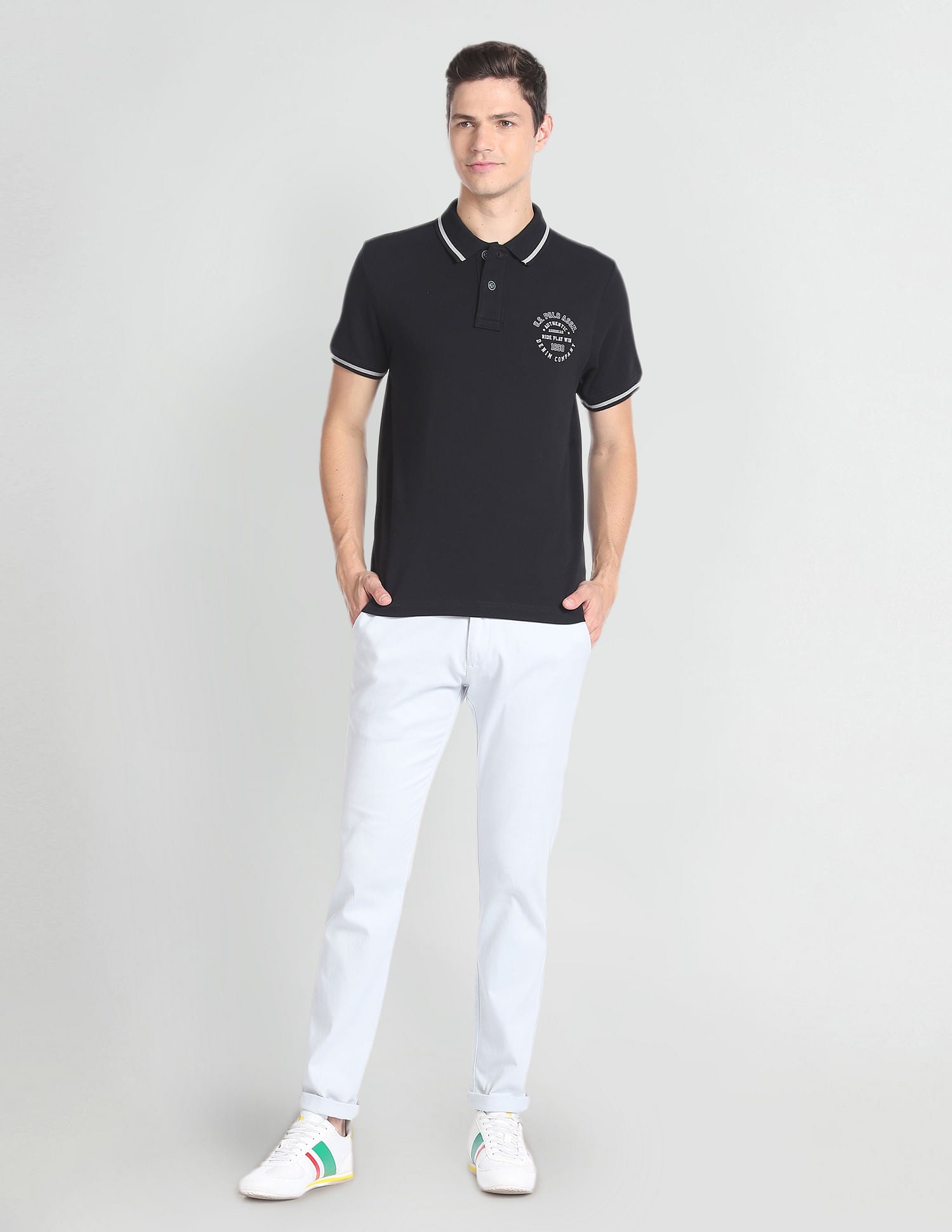 Striped Collar Cotton Polo Shirt Black - U.S. POLO ASSN. | Large