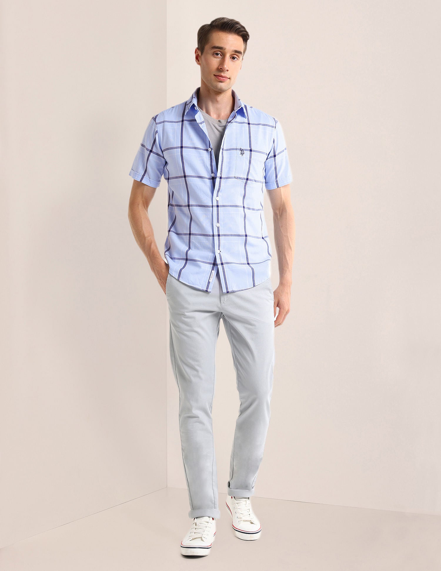 Tailored Fit Windowpane Checked Shirt Light-Blue - U.S. Polo Assn. India | Large