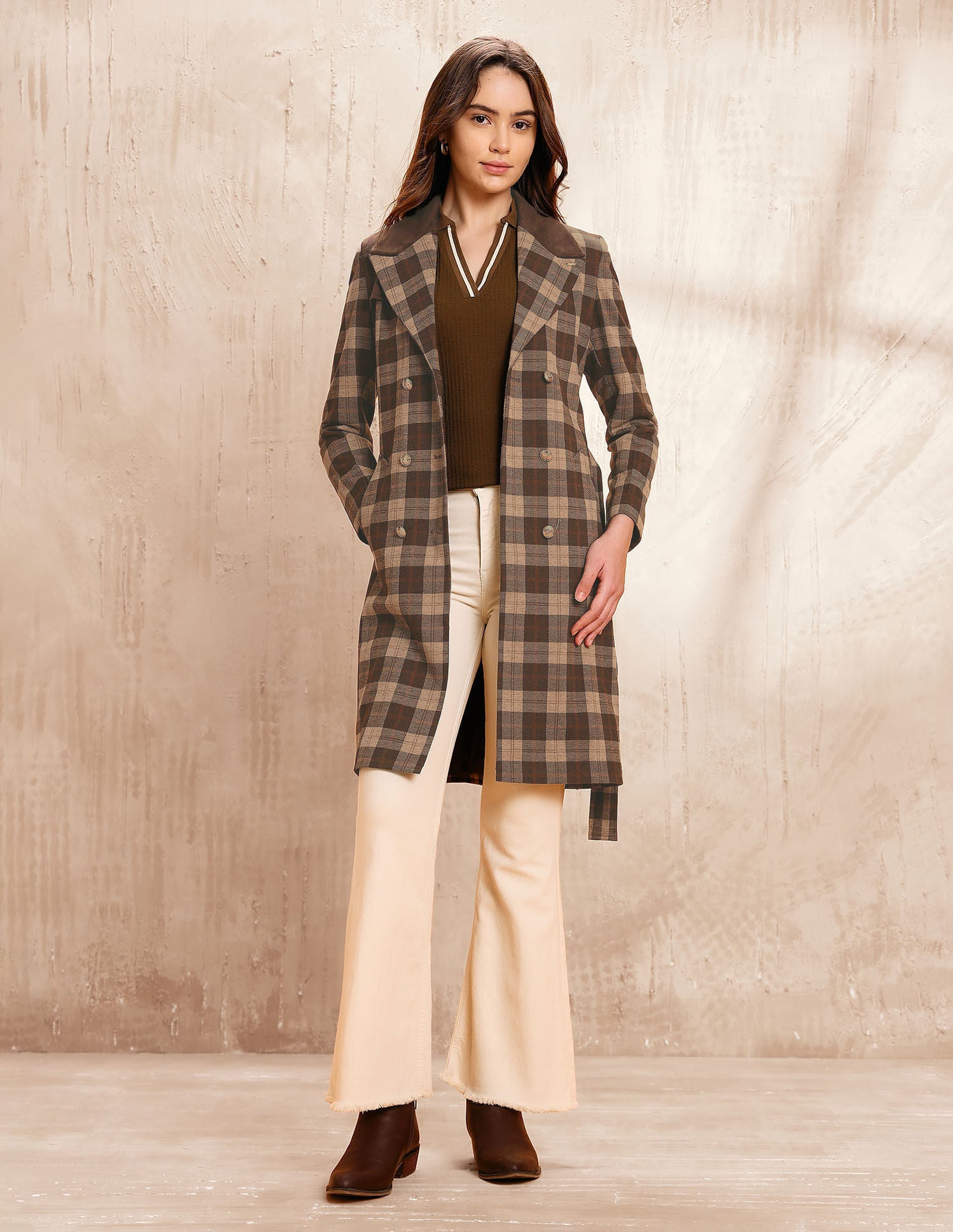 Checked Double Breasted Notch Lapel Trench Coat Brown - U.S. POLO ASSN. | Large