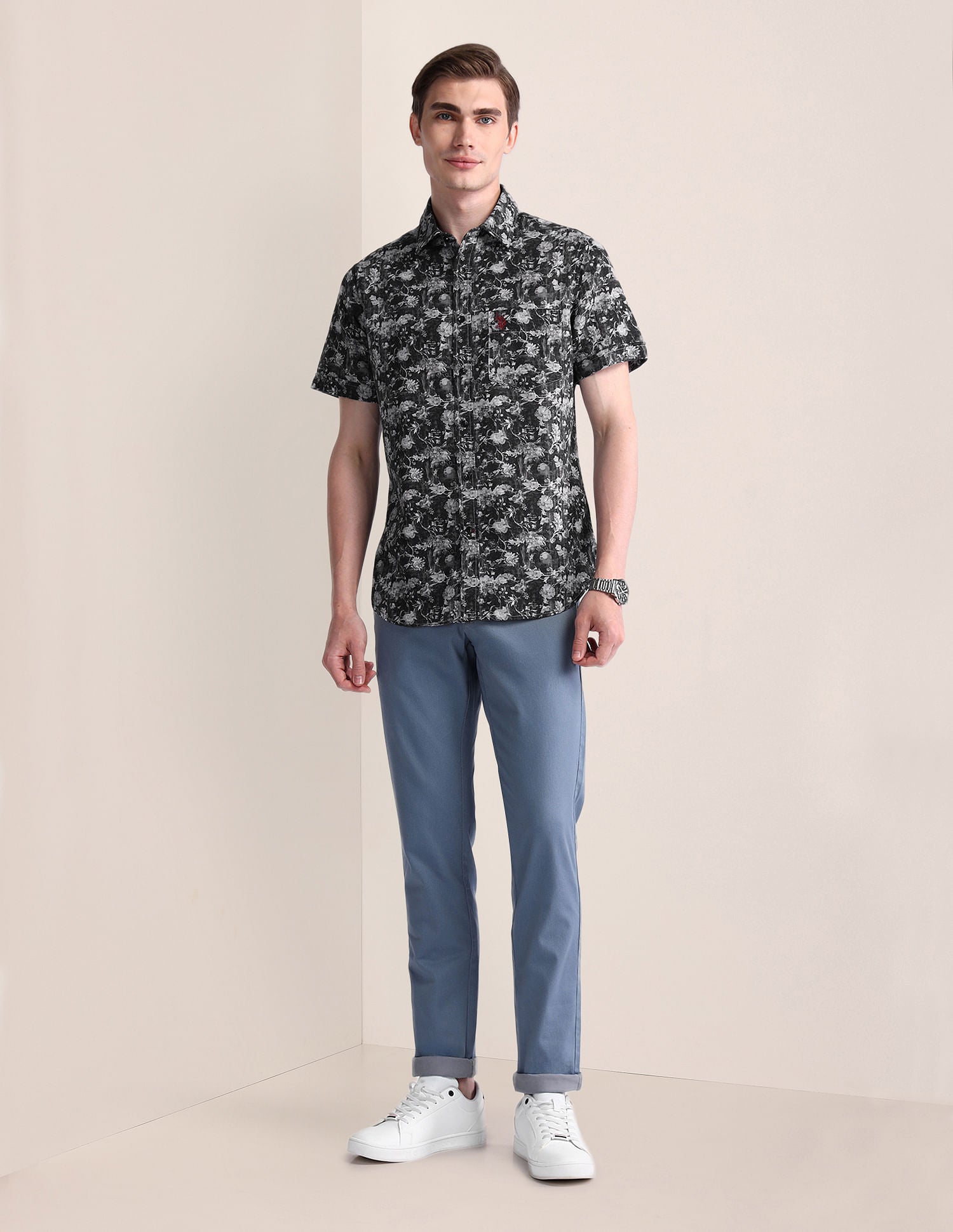 Tailored Fit Floral Shirt Charcoal-Grey - U.S. Polo Assn. India | Large