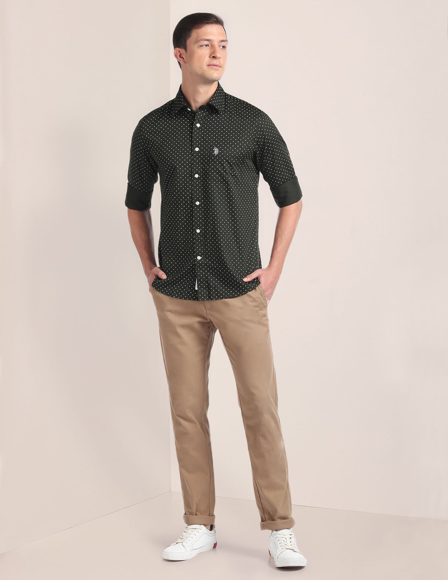 Geometric Print Cotton Casual Shirt Dark Olive - U.S. POLO ASSN. | Large