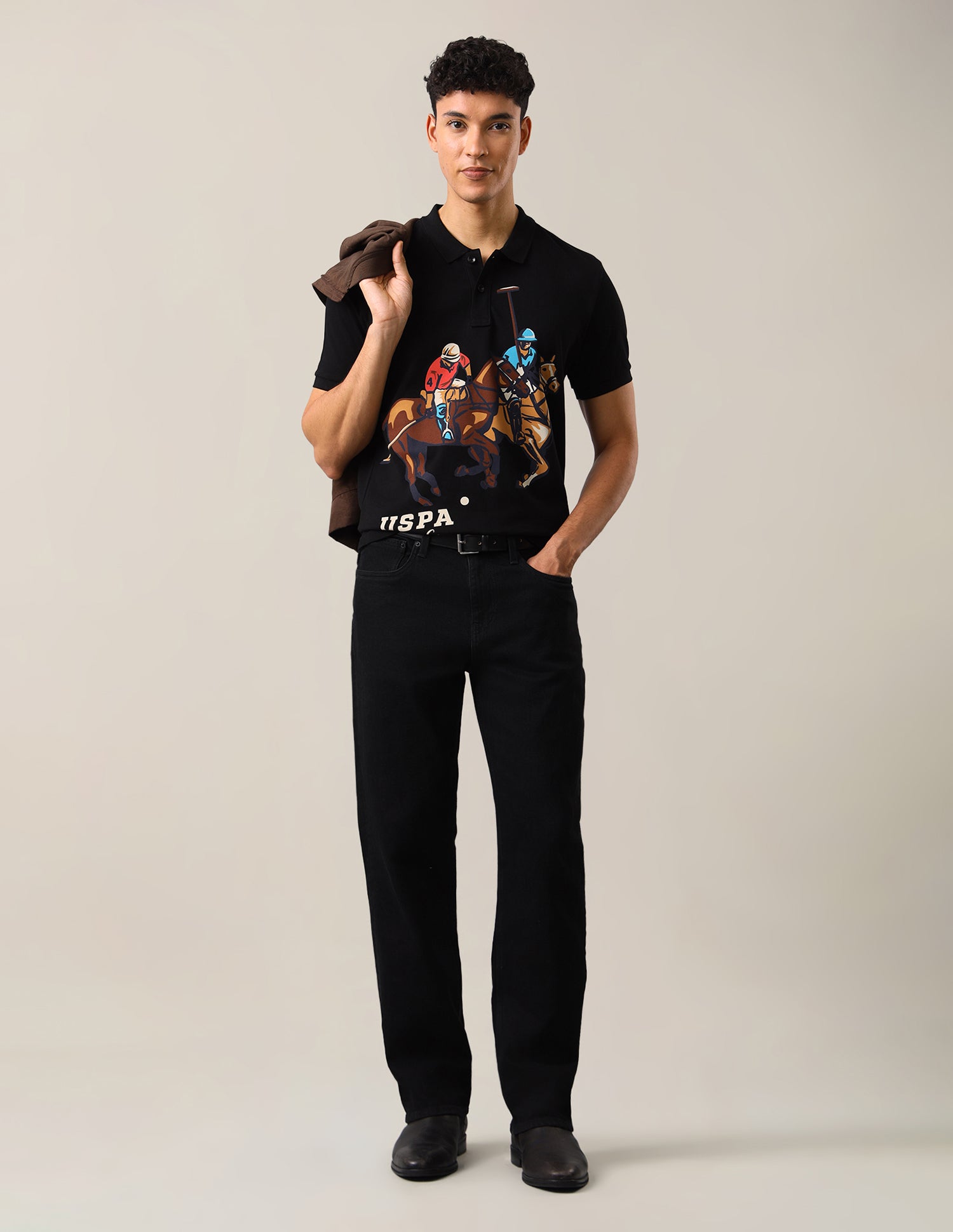 Graphic Brand Printed Slim Fit Polo Shirt Black - U.S. Polo Assn. India | Large