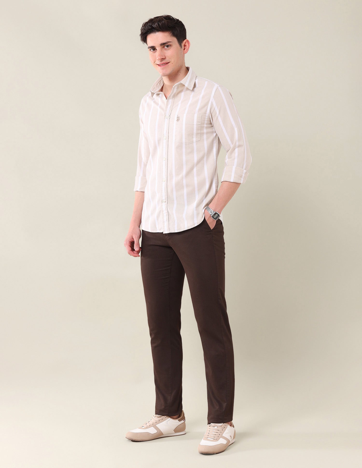 Vertical Striped Oxford Shirt Beige - U.S. Polo Assn. India | Large