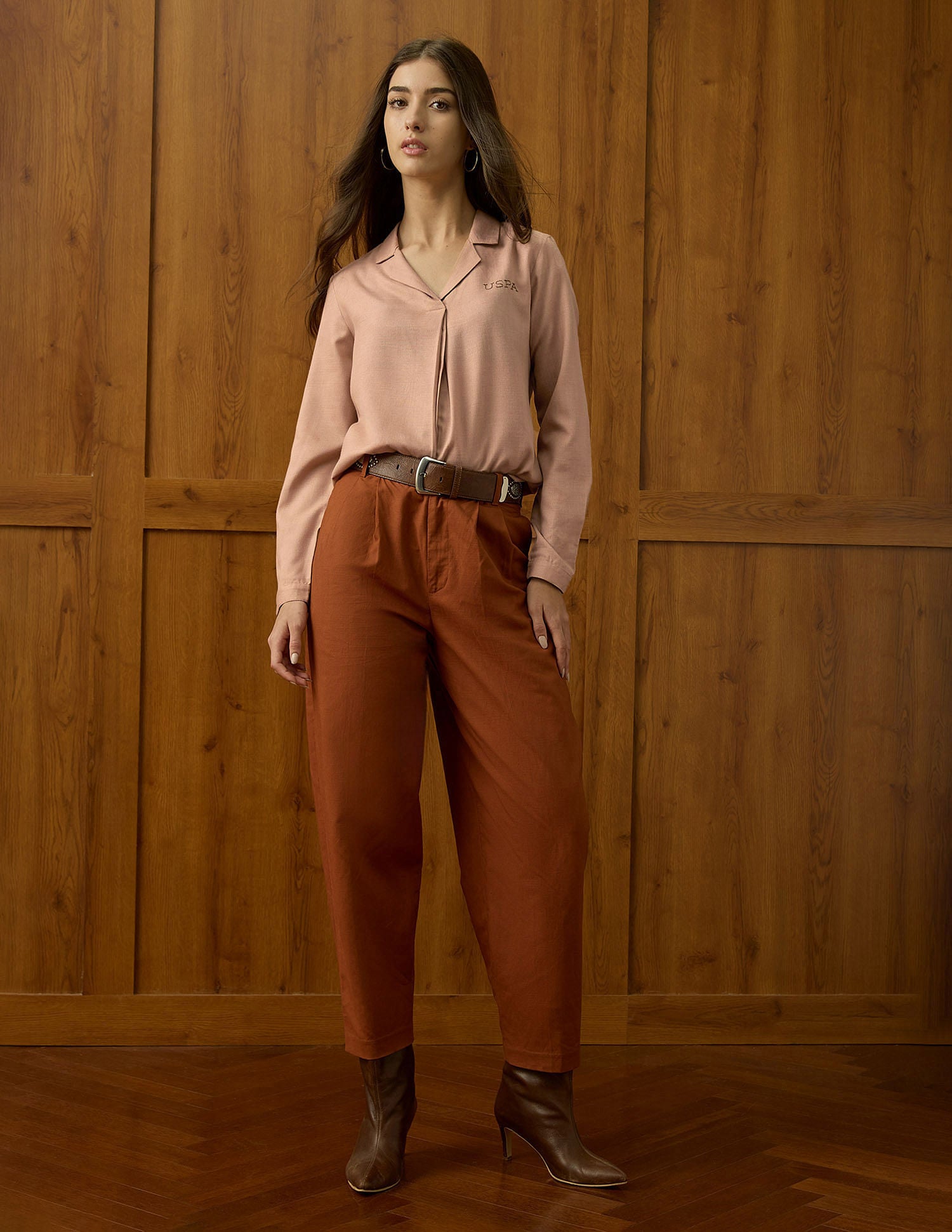 Notched Lapel Pleated Shirt Peach - U.S. POLO ASSN. | Large