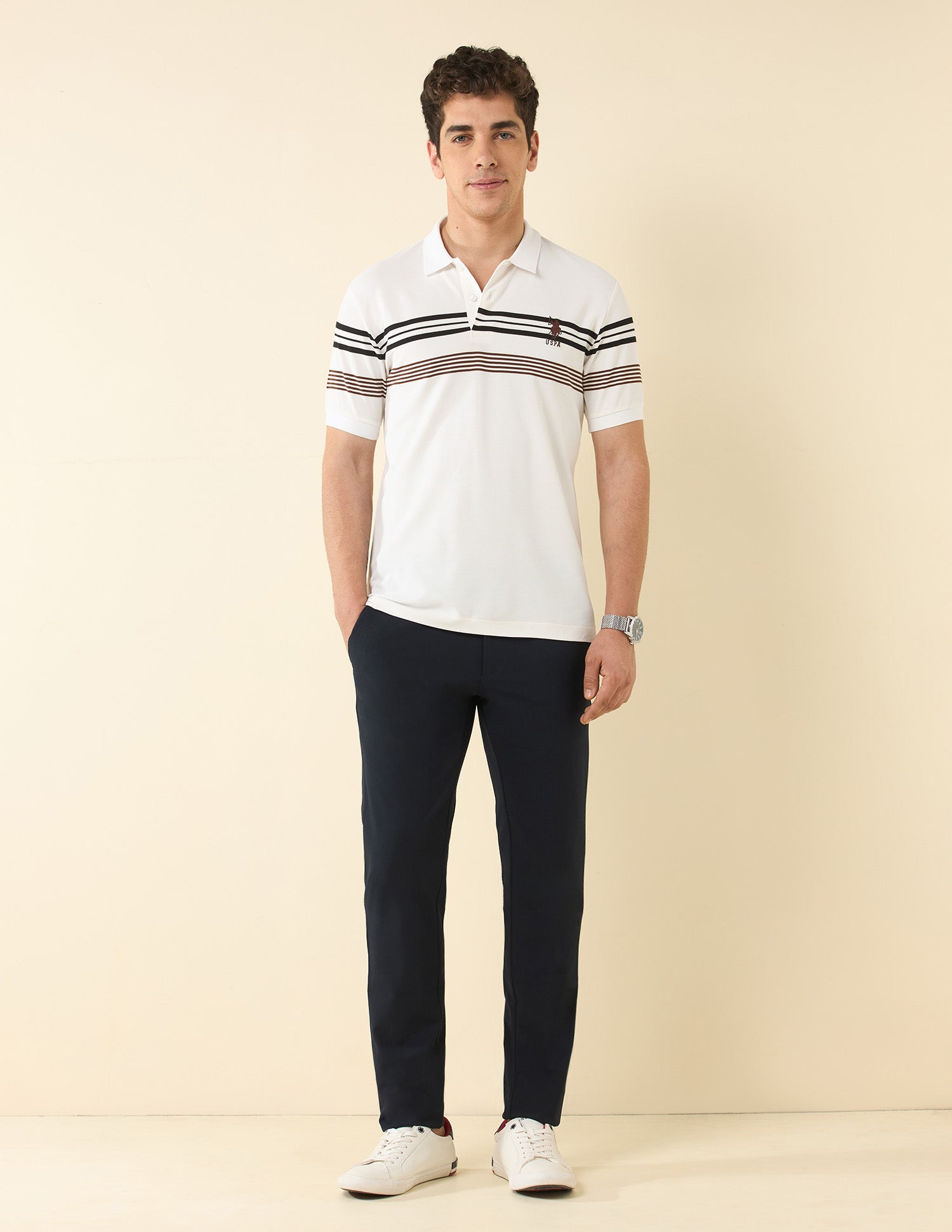 Horizontal Striped Modern Monochrome Polo Shirt White - U.S. Polo Assn. India | Large