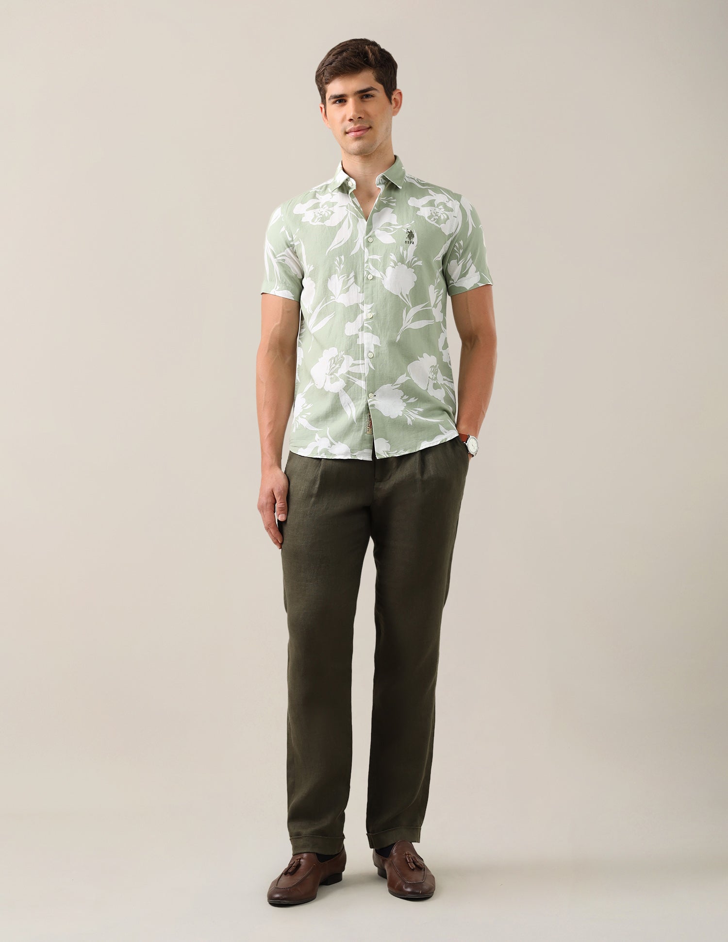 Floral Printed Cotton Linen Shirt Light Green - U.S. Polo Assn. India | Large