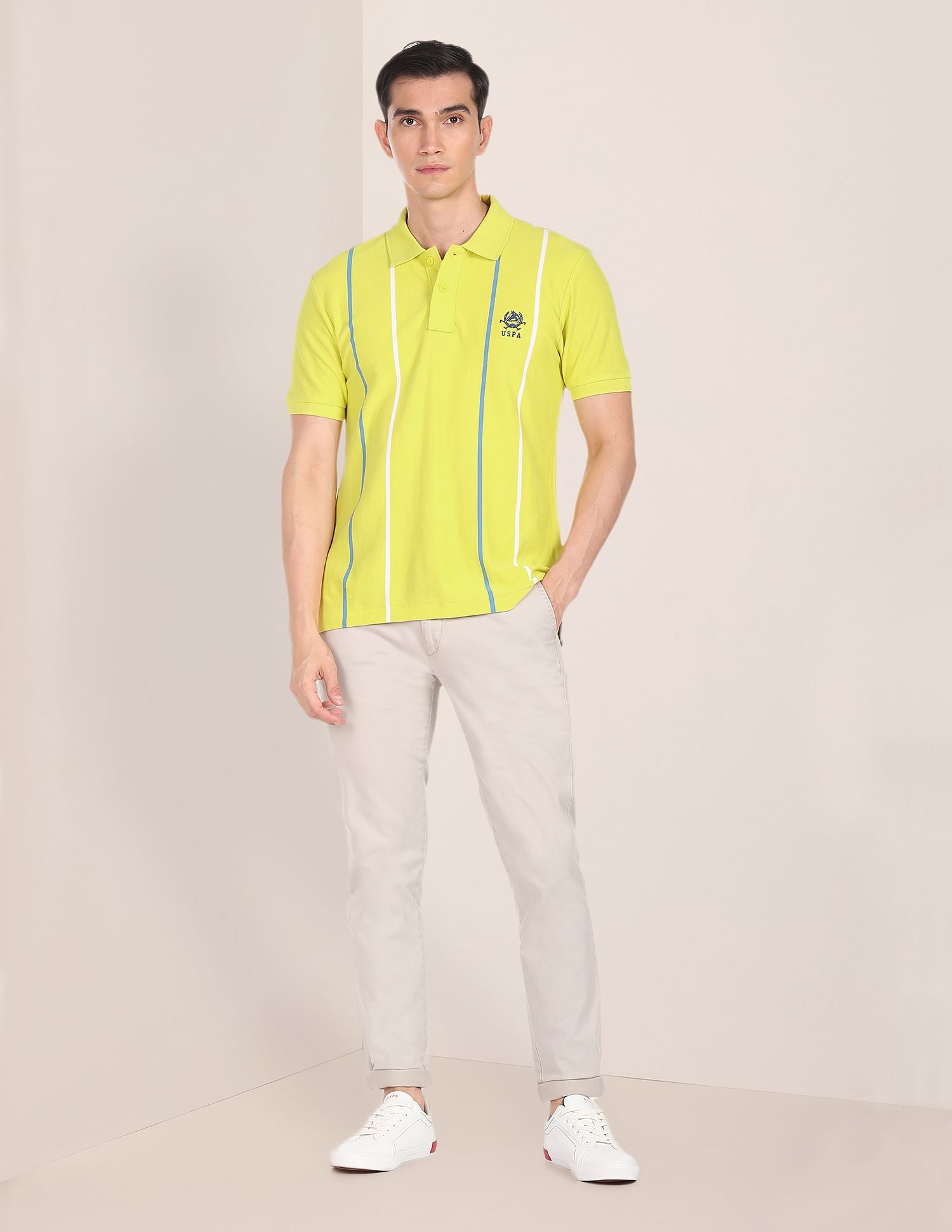 Vertical Striped Cotton Polo Shirt Lemon Yellow - U.S. POLO ASSN. | Large