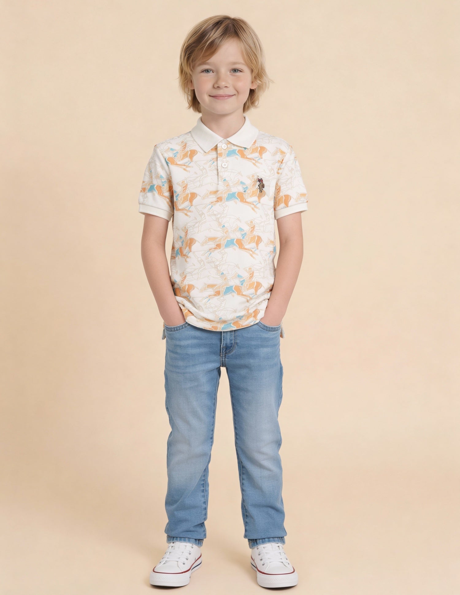 Boys Graphic Printed Regular Fit Polo Shirt Off White - U.S. Polo Assn. India | Large