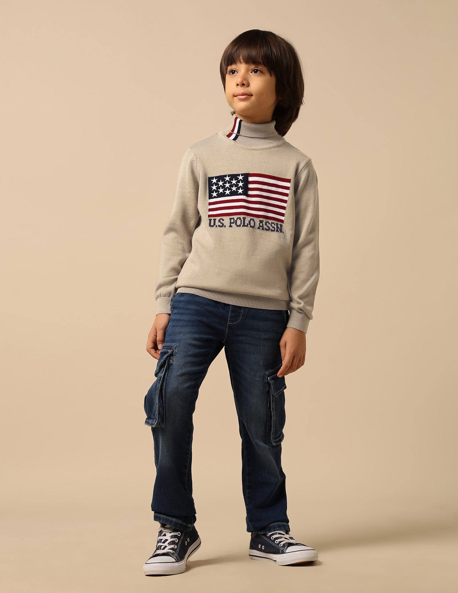 Boys Brand Printed Regular Fit Sweater Beige - U.S. Polo Assn. India | Large