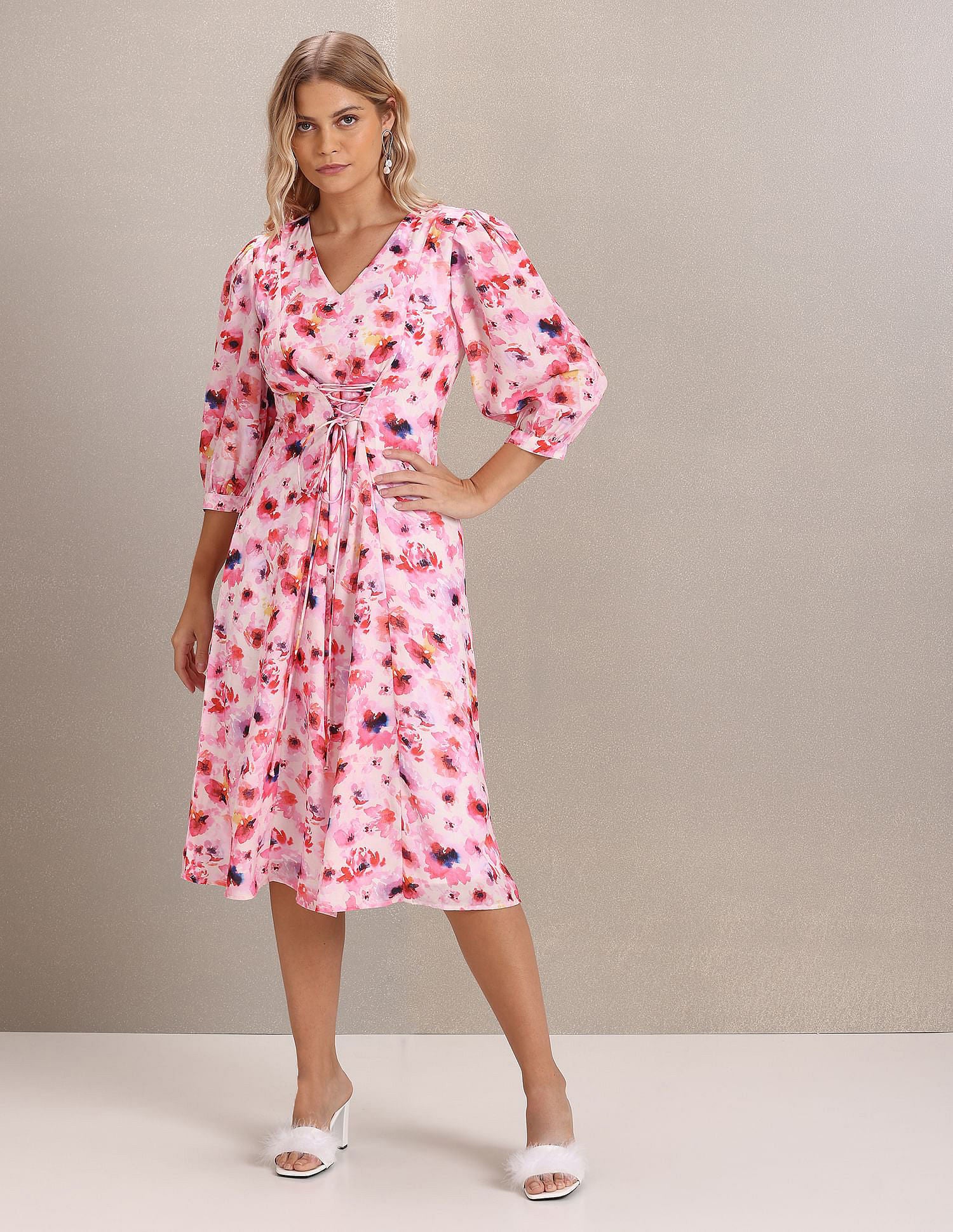 V-Neck Floral Print Fit And Flare Dress Pink - U.S. POLO ASSN. | Large