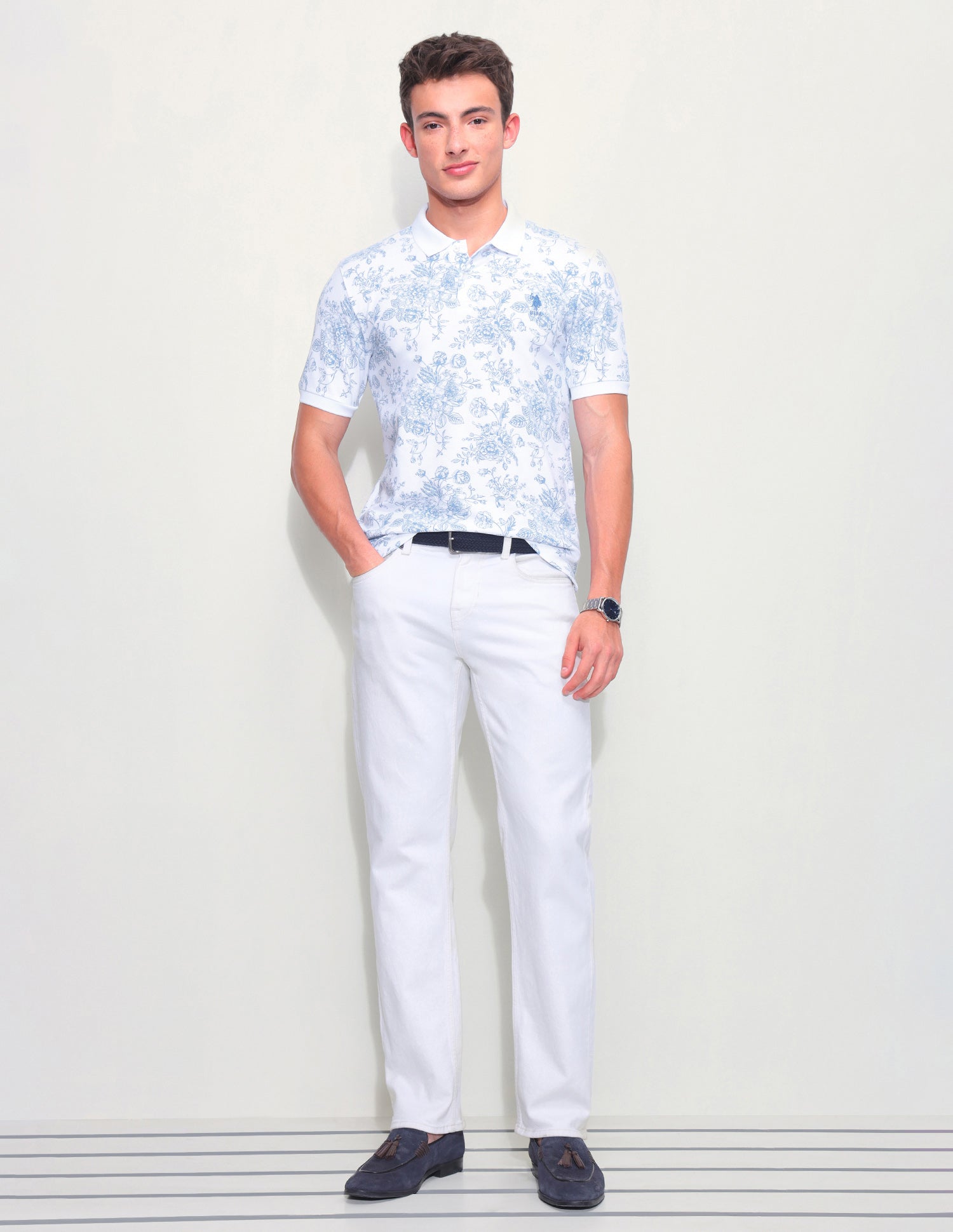 Floral Printed Slim Fit Polo Shirt Blue - U.S. Polo Assn. India | Large
