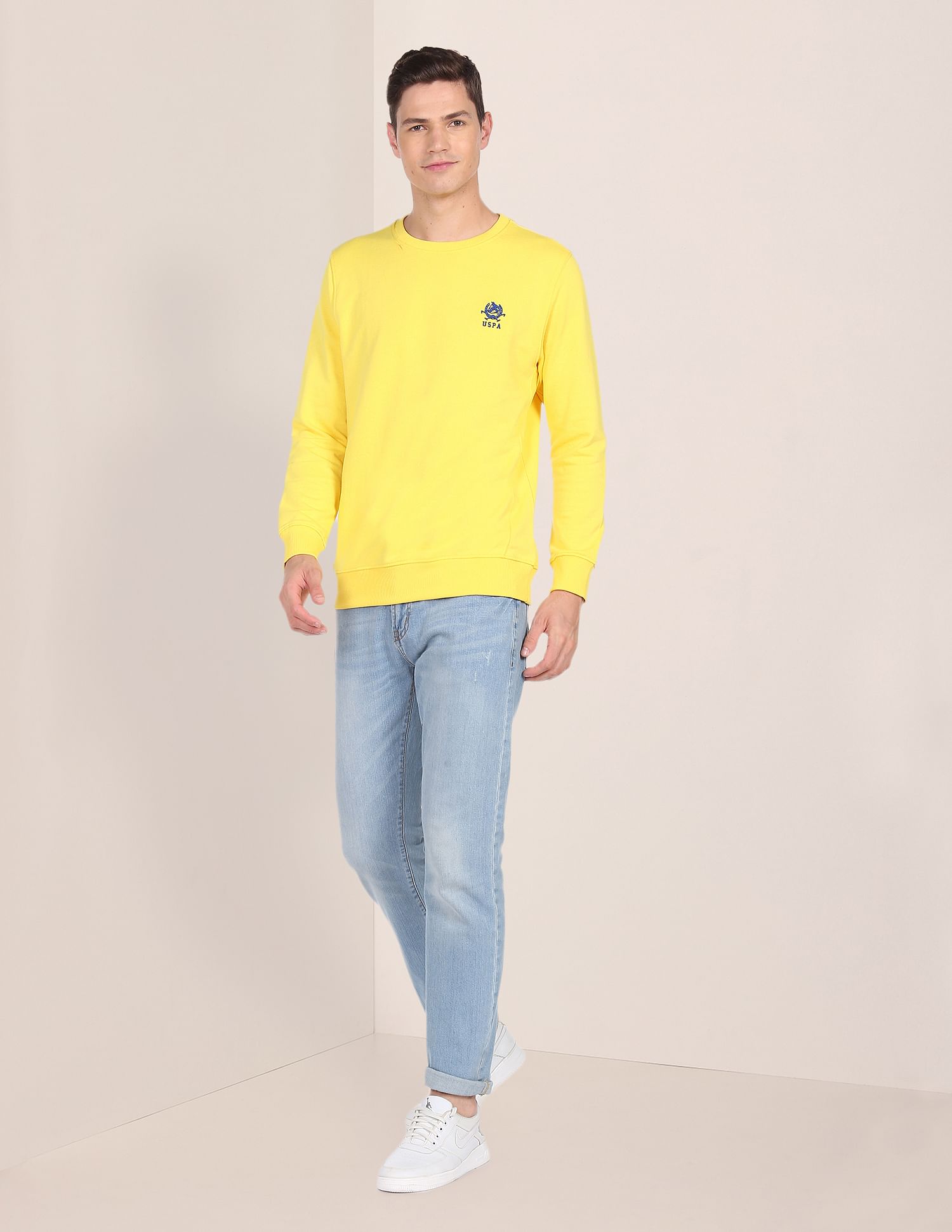Embroidered Logo Crew Neck Sweatshirt Yellow - U.S. POLO ASSN. | Large