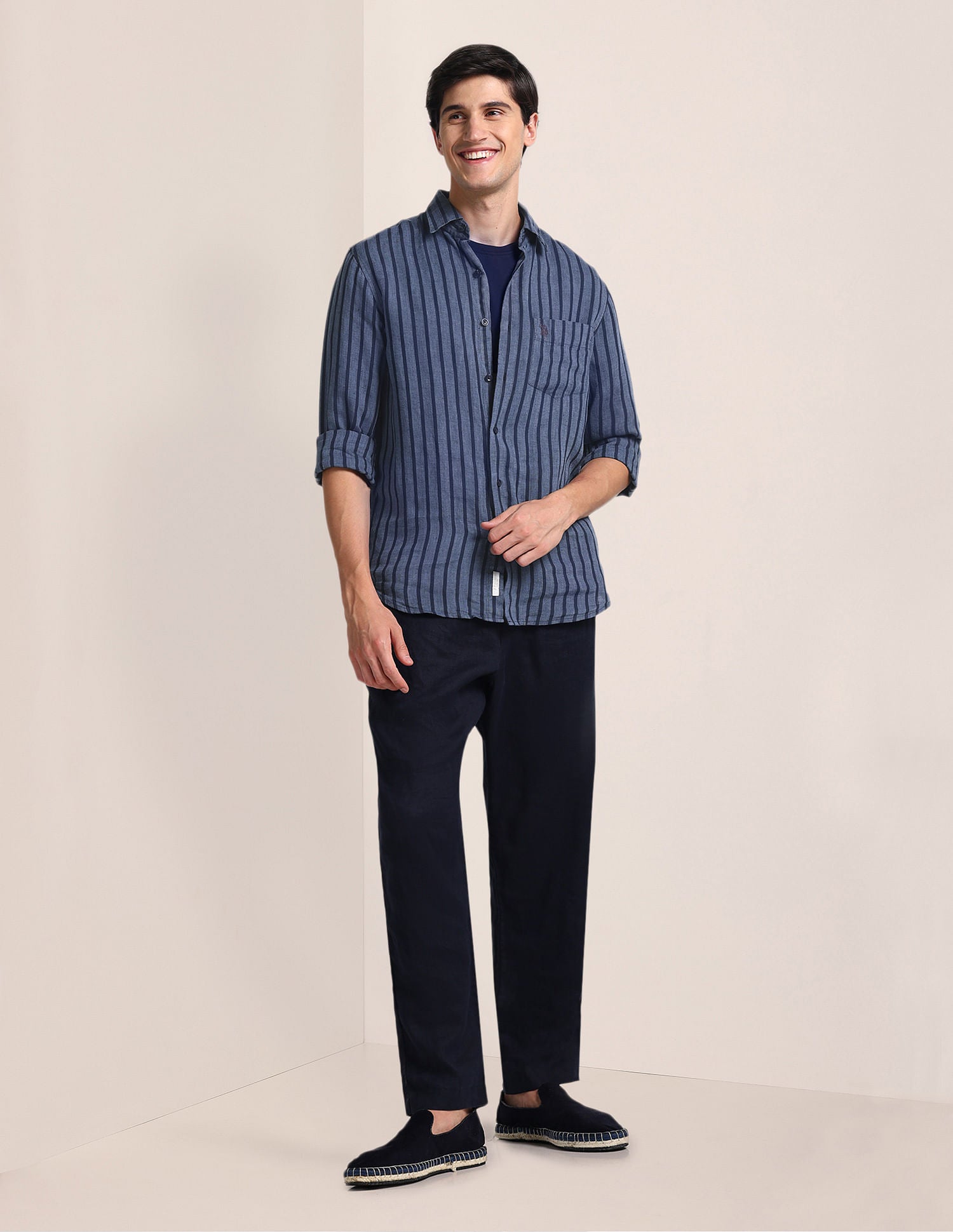 Vertical Stripe Linen Shirt Navy - U.S. Polo Assn. India | Large