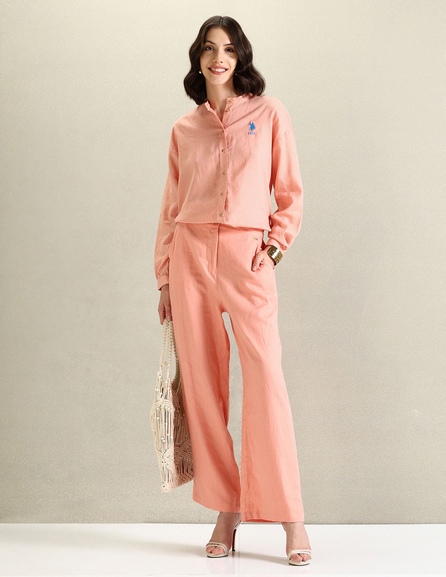 Mandarin Collar Viscose Linen Shirt Peach - U.S. Polo Assn. India | Large