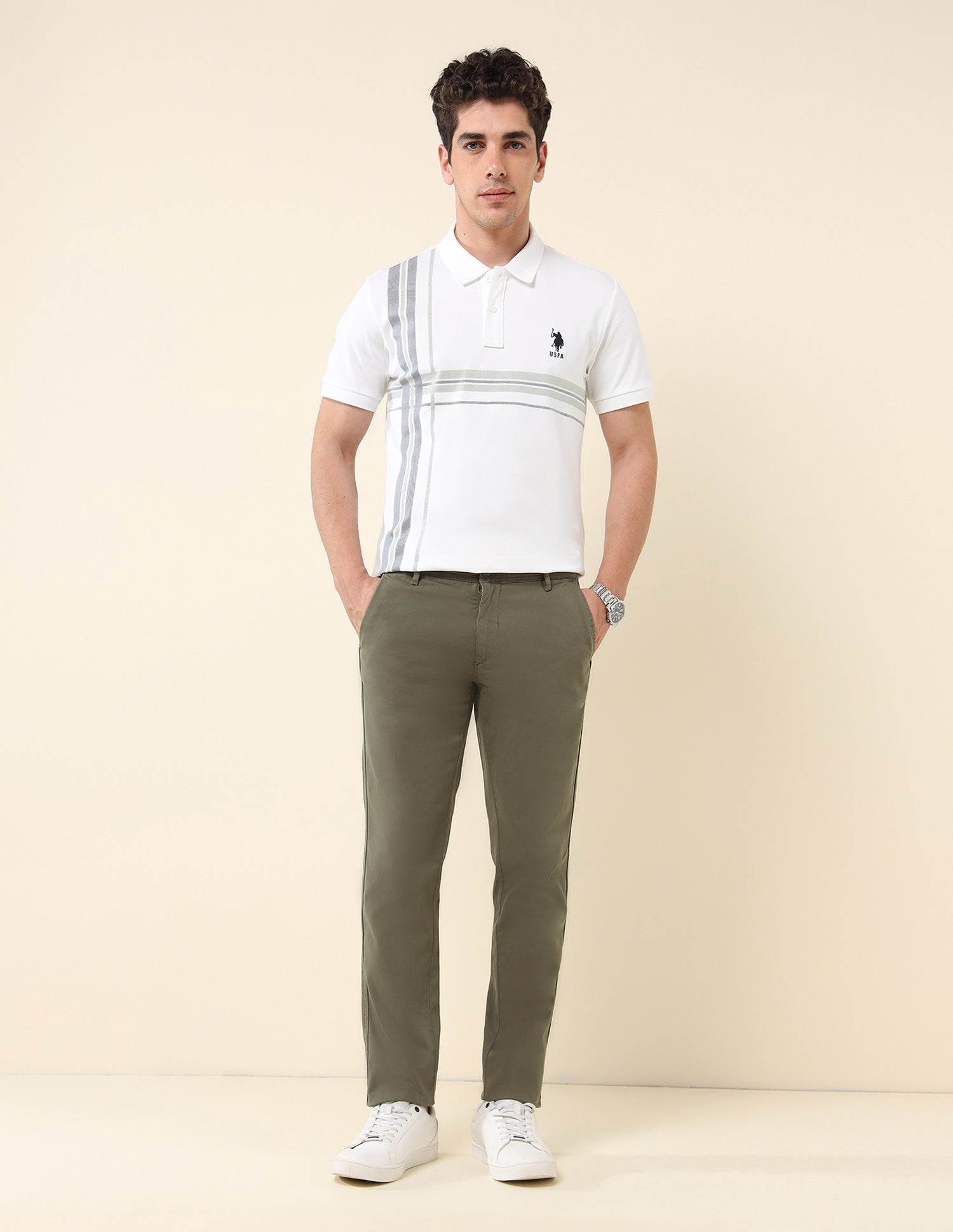 Austin Slim Fit Twill Trousers Olive - U.S. Polo Assn. India | Large
