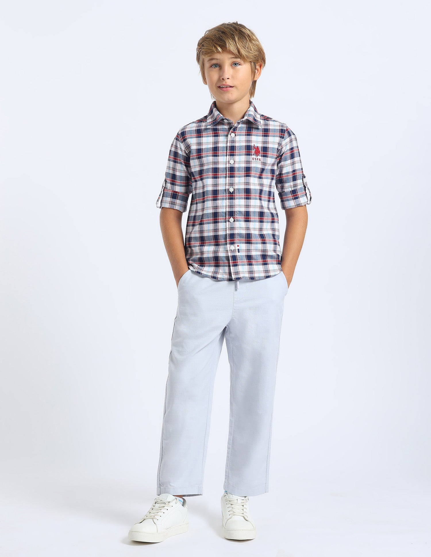 Boys Gingham Checked Regular Fit Shirt Light Blue - U.S. POLO ASSN. | Large
