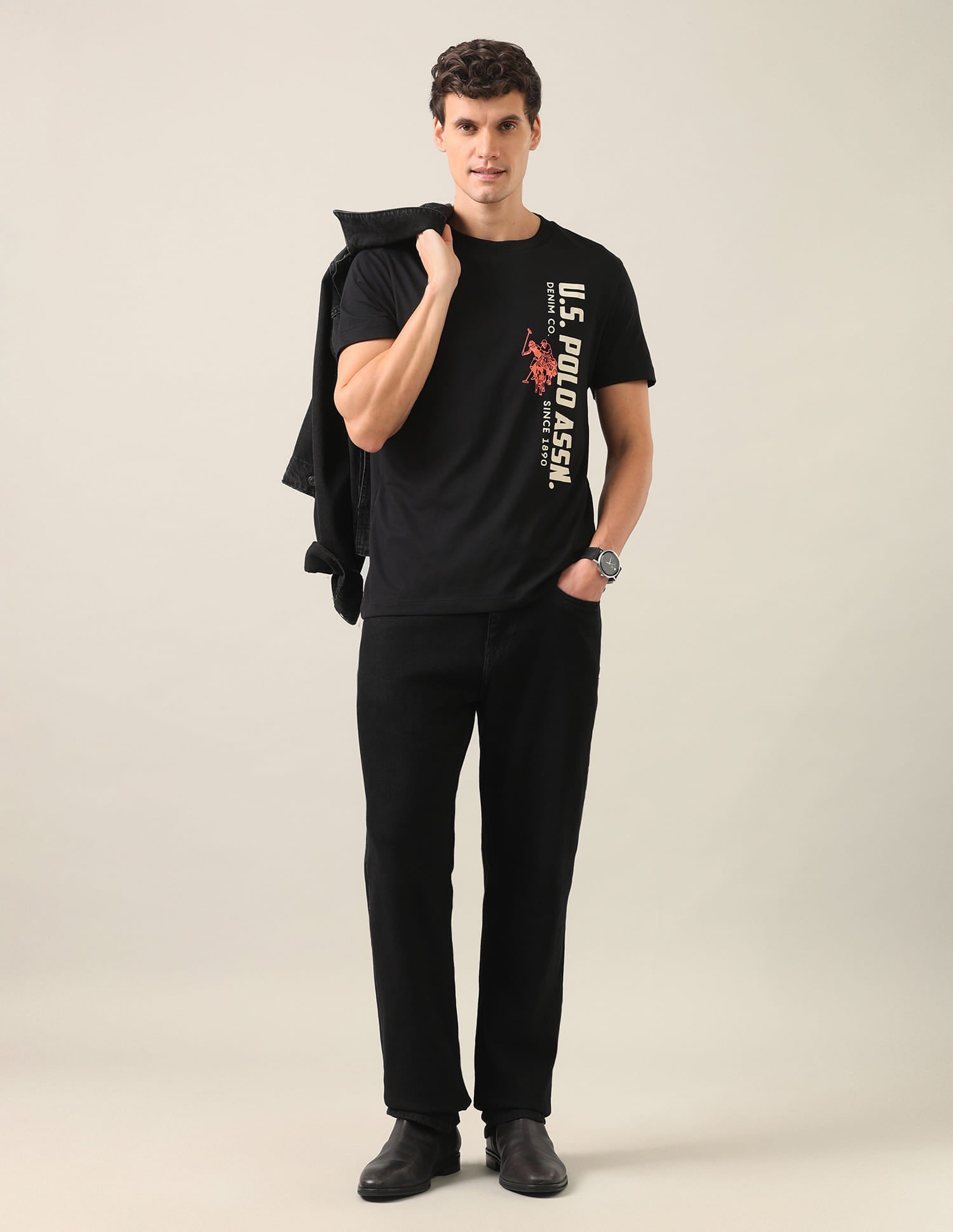 Typographic Brand Printed Regular Fit T-Shirt Black - U.S. Polo Assn. India | Large